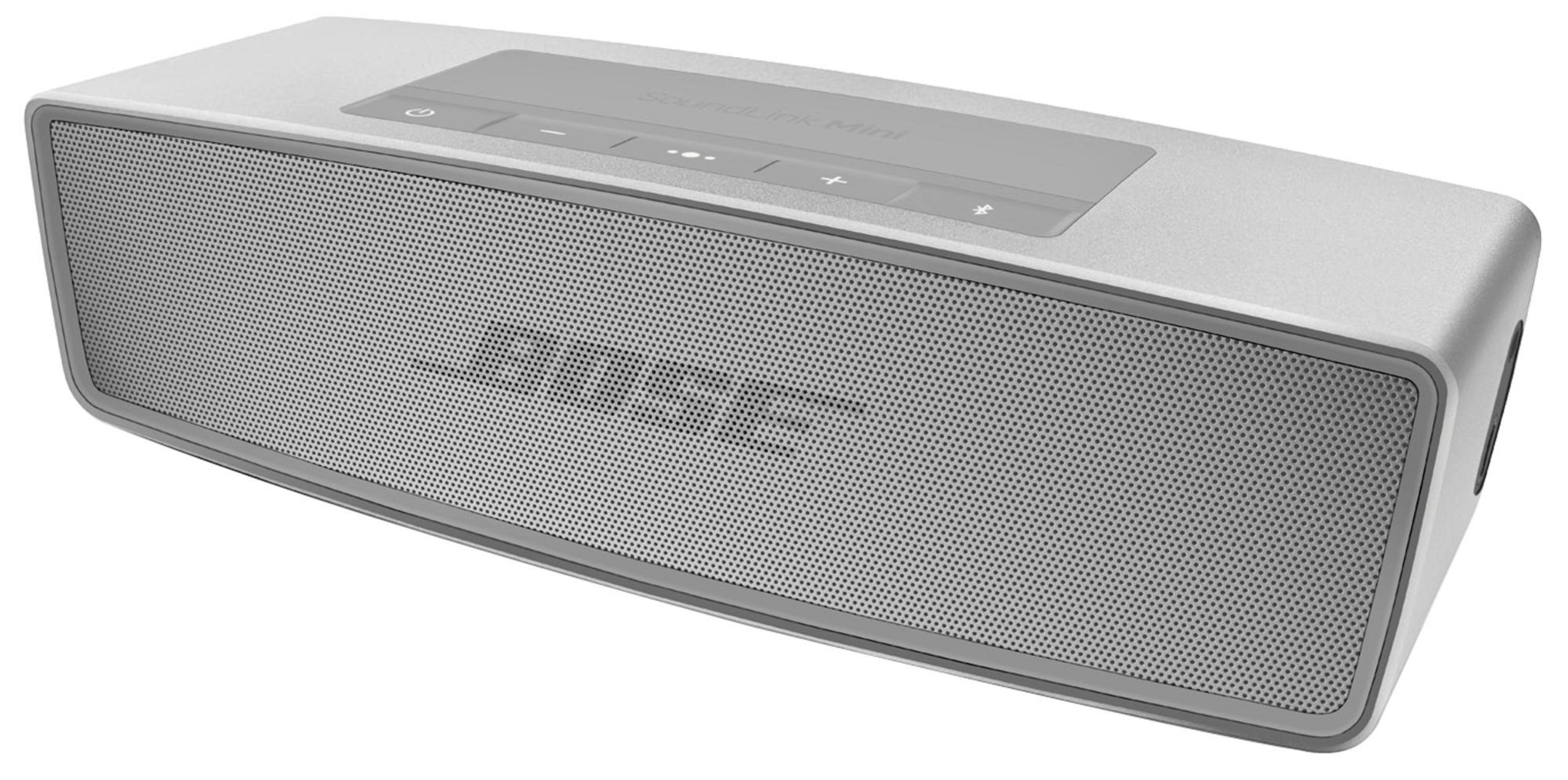 Weißer Bose Soundlink Mini Lautsprecher auf weißem Hintergrund.
