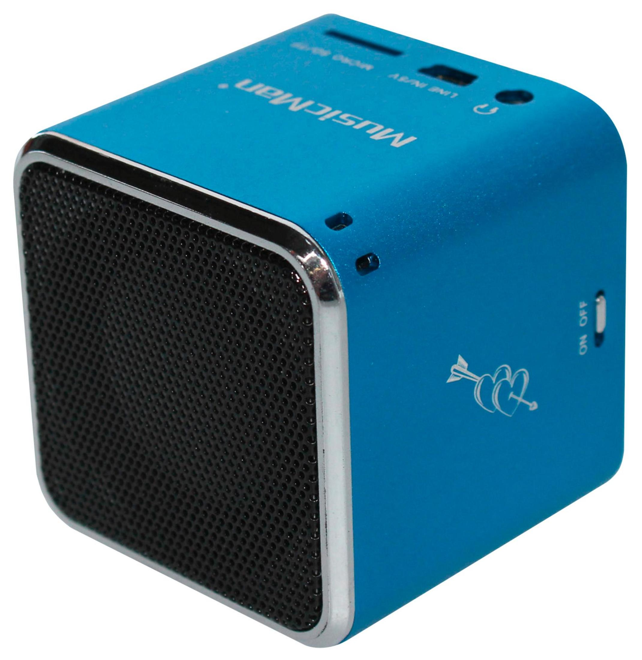 Niebieski głośnik kostka MusicMan. Czarna kratka głośnika. Widoczny włącznik/wyłącznik.