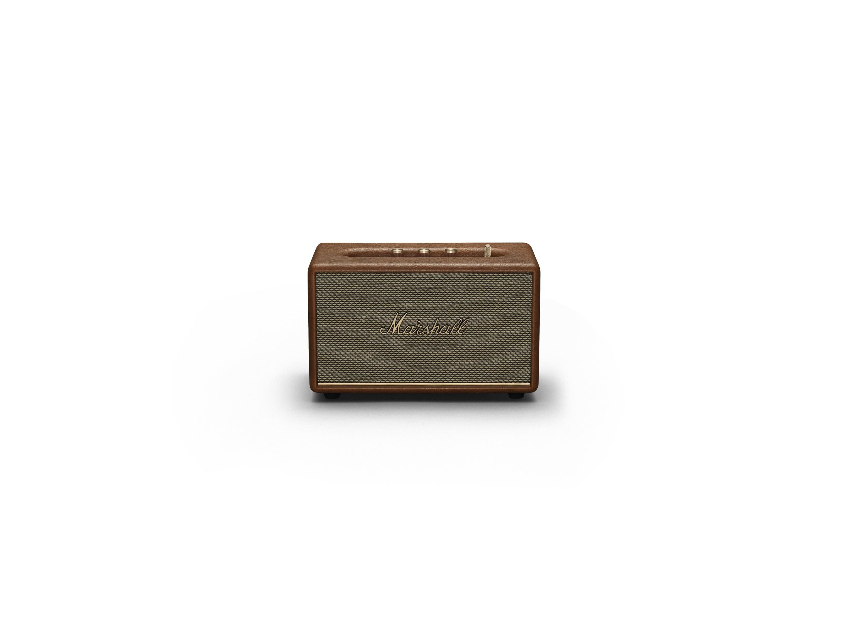 Altavoz marrón con frontal de malla, acabado en madera. Aislado sobre fondo blanco. Logo Marshall visible.