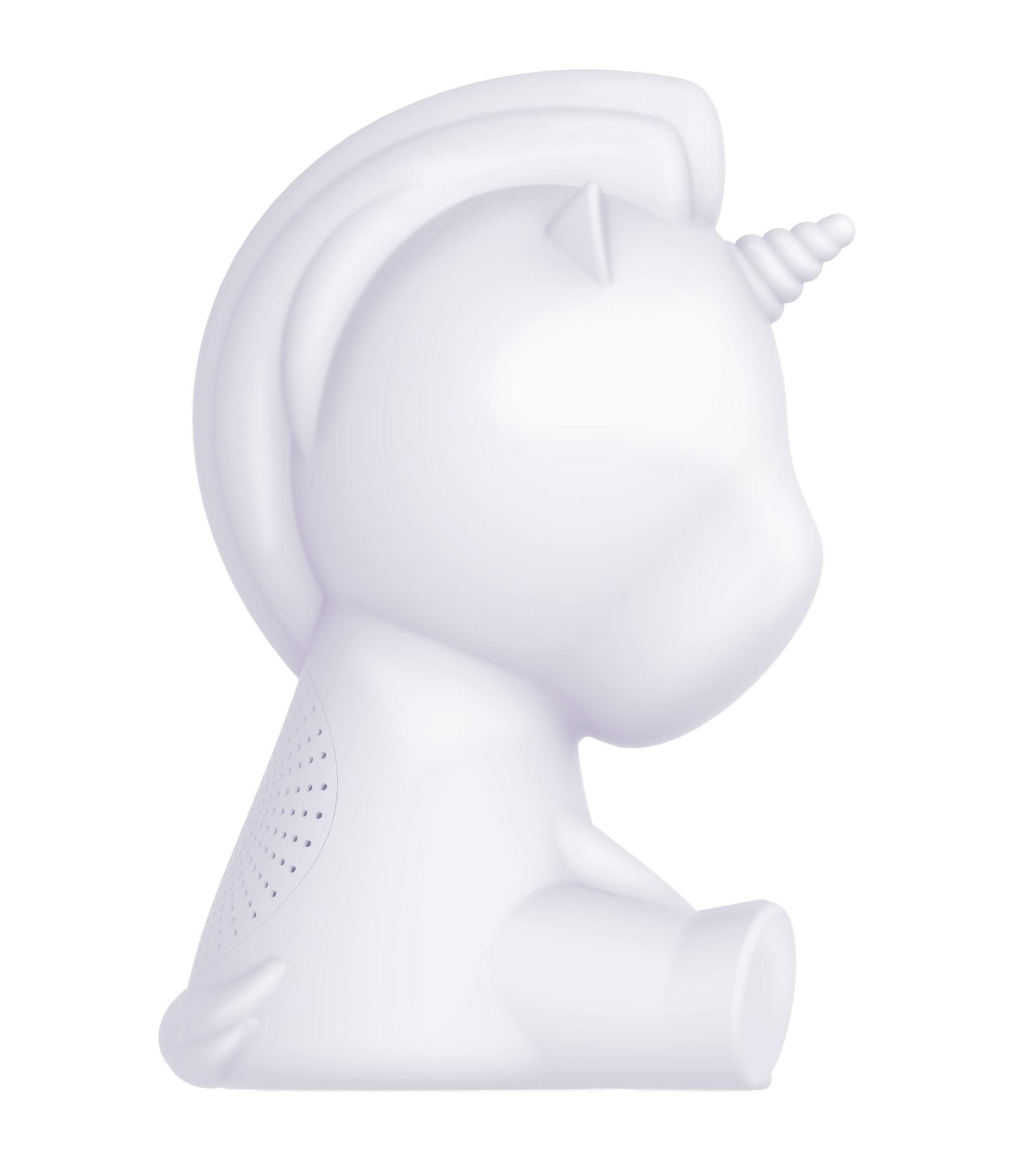 Biała lampka nocna w kształcie jednorożca, widok z boku.