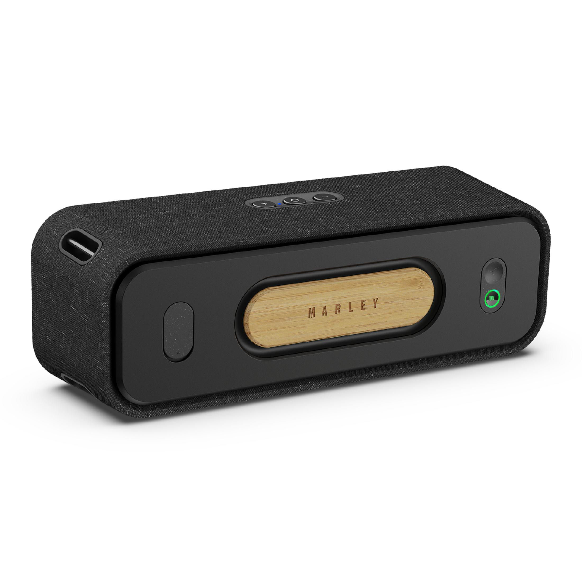 Czarny i drewniany głośnik Marley z przyciskami sterowania.