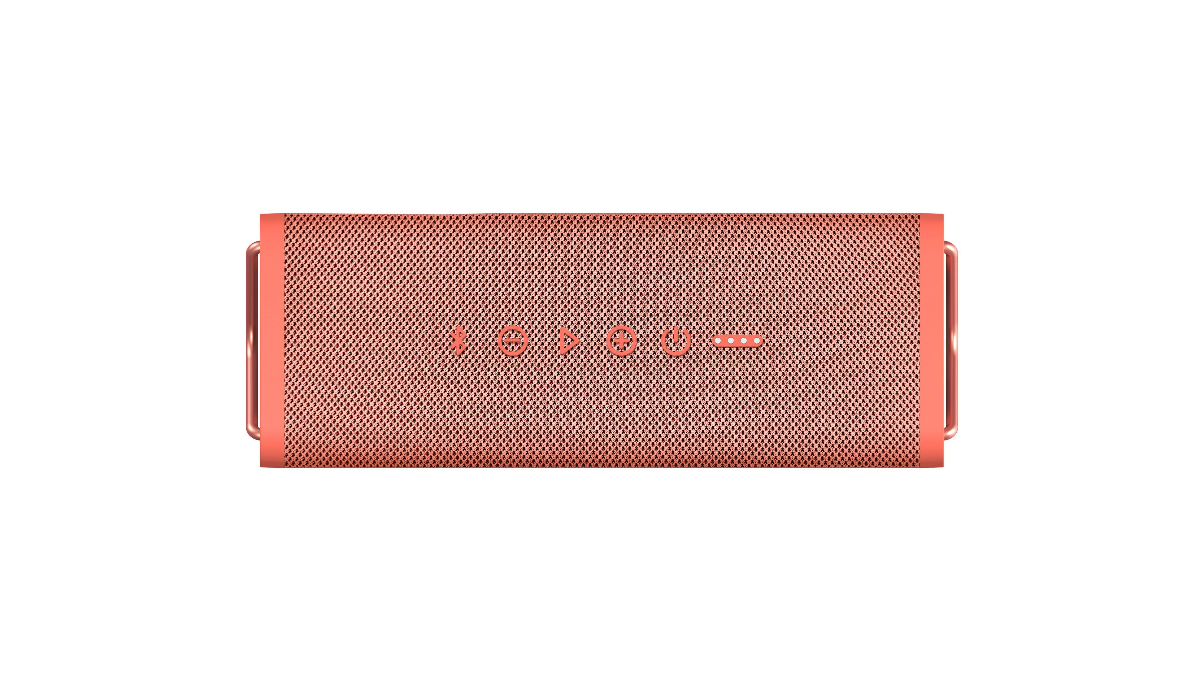 Głośnik w kolorze koralowym z przyciskami na górze. Głośnik ma siatkowy przód i srebrne akcenty.