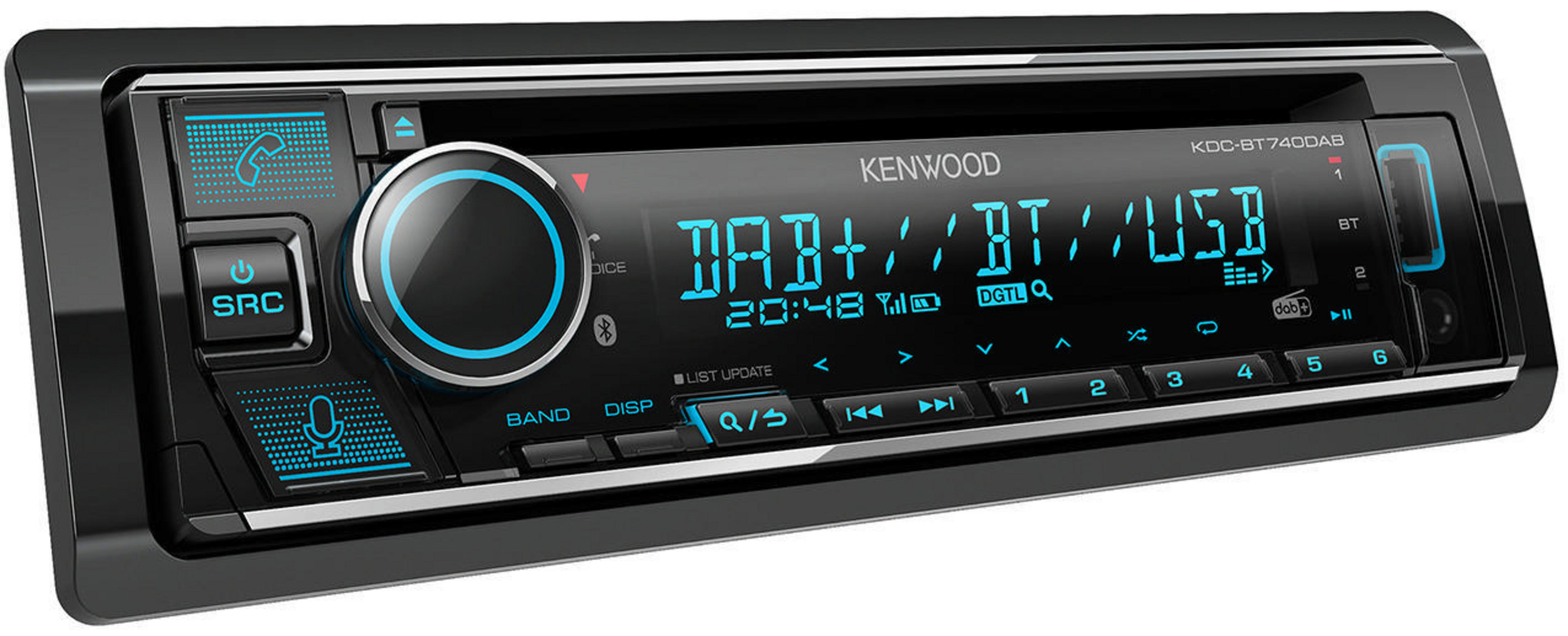 Ein Autoradio mit Bildschirm zeigt DAB+, BT, USB und andere Tasten an.