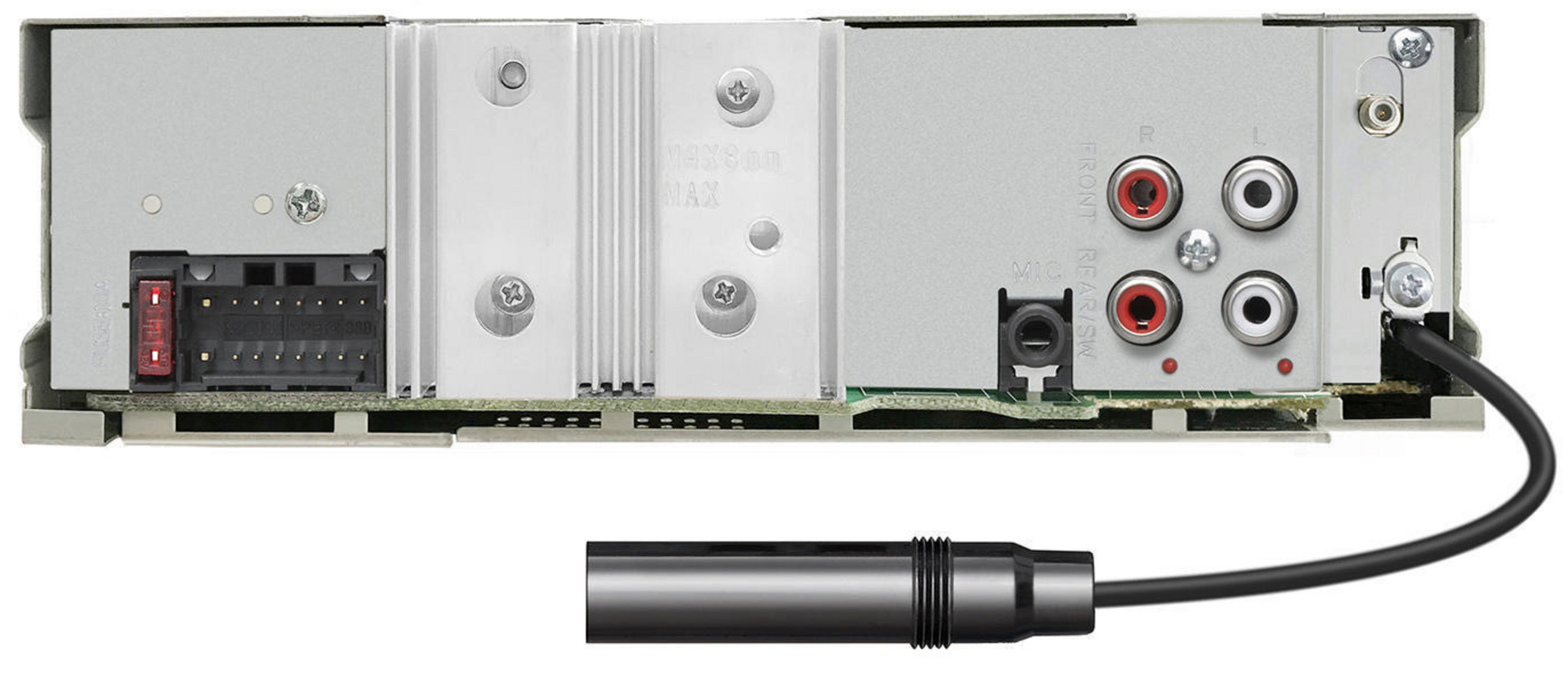 Rückseite eines Autoradios mit Anschlüssen und Kabel. Sicherungsschlitz und mehrere Ein-/Ausgänge.