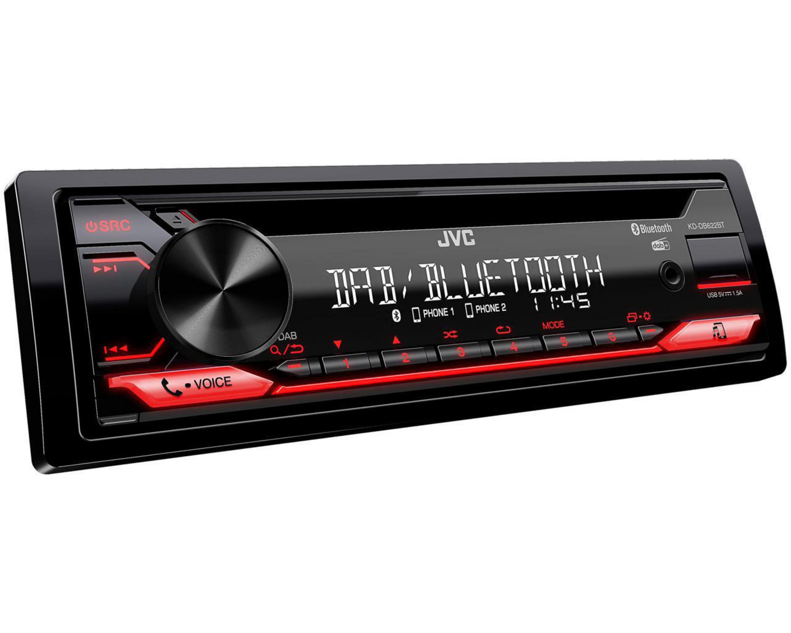 JVC Autoradio mit schwarzem Panel und roten Akzenten. DAB/Bluetooth.