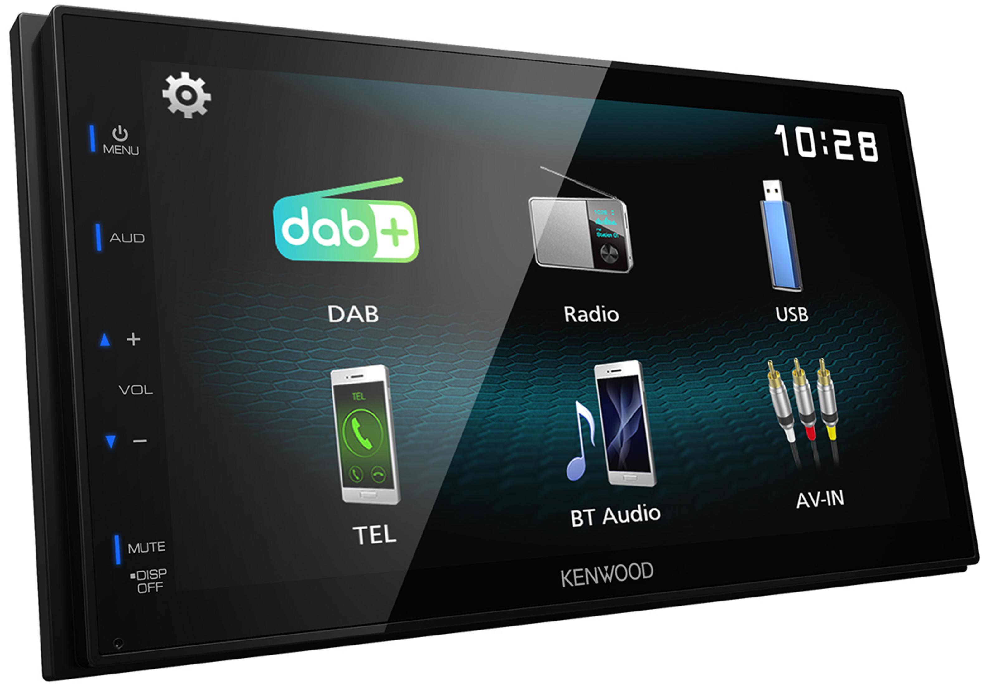 Autoradio mit DAB-, Radio-, USB-, BT-Audio- und AV-IN-Symbolen auf einem schwarzen Bildschirm.