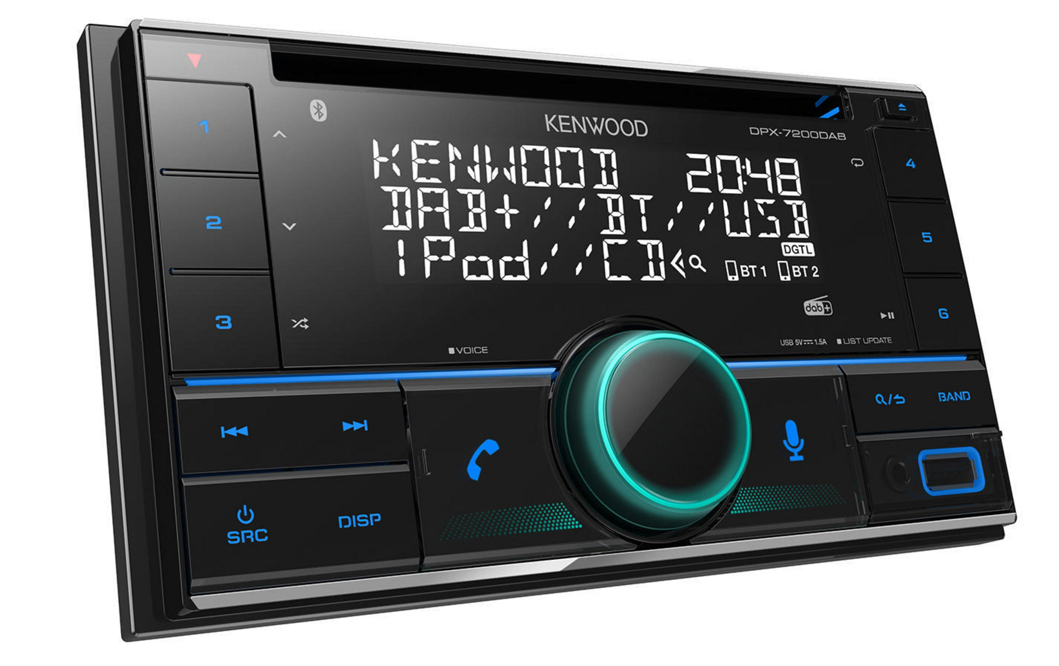 Ein Autoradio mit schwarzer Front, blauen Akzenten und einem Display.