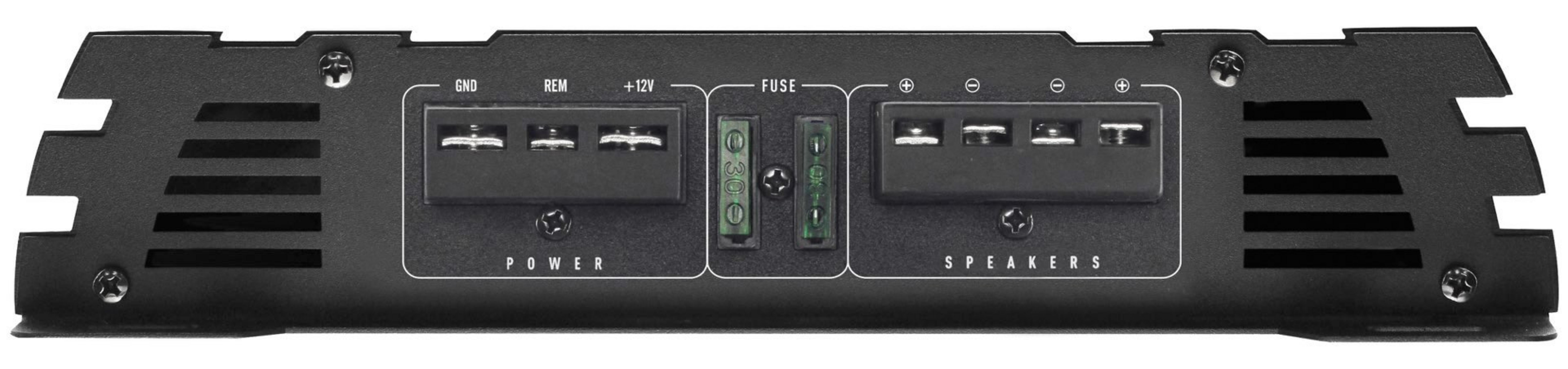Schwarze Rückseite eines Auto-Verstärkers mit Strom-, Sicherungs- und Lautsprecheranschlüssen, Schrauben sichtbar.