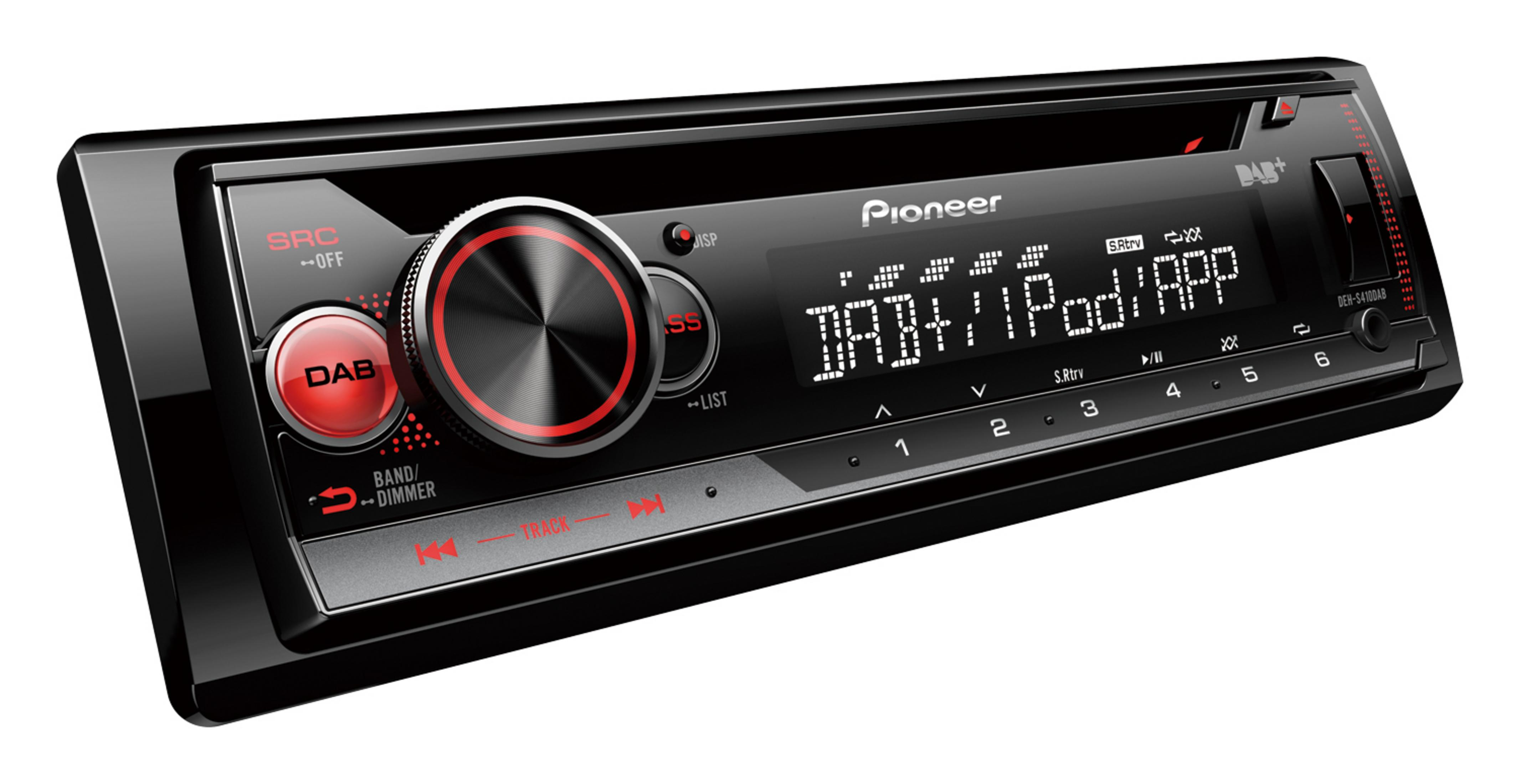 Schwarzes Autoradio mit Pioneer-Logo. Es hat einen Bildschirm und Knöpfe.