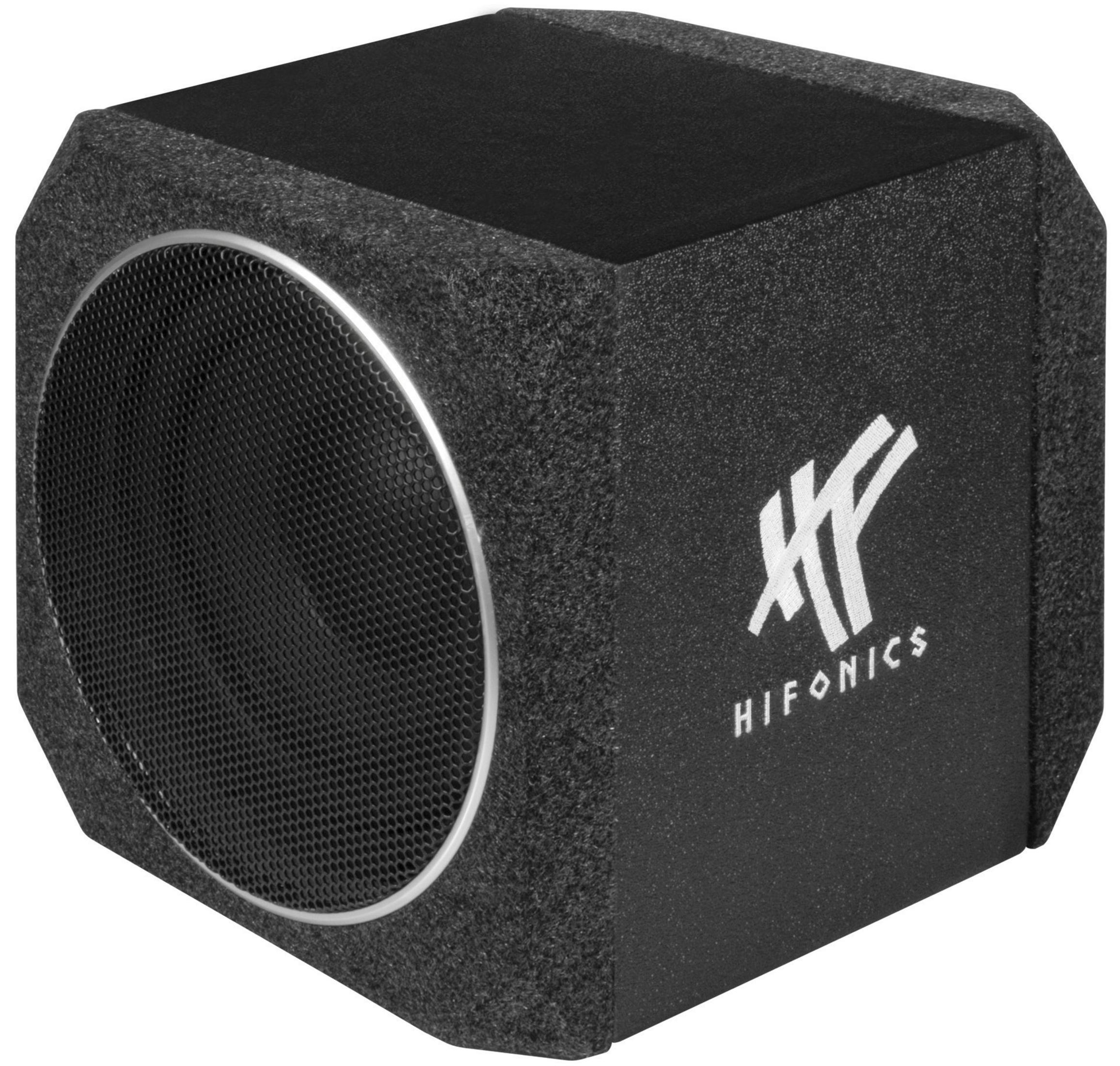 Ein schwarzer Subwoofer mit einer Gitterfront und einem silbernen Ring. Die Box ist schwarz und hat weißen Text.