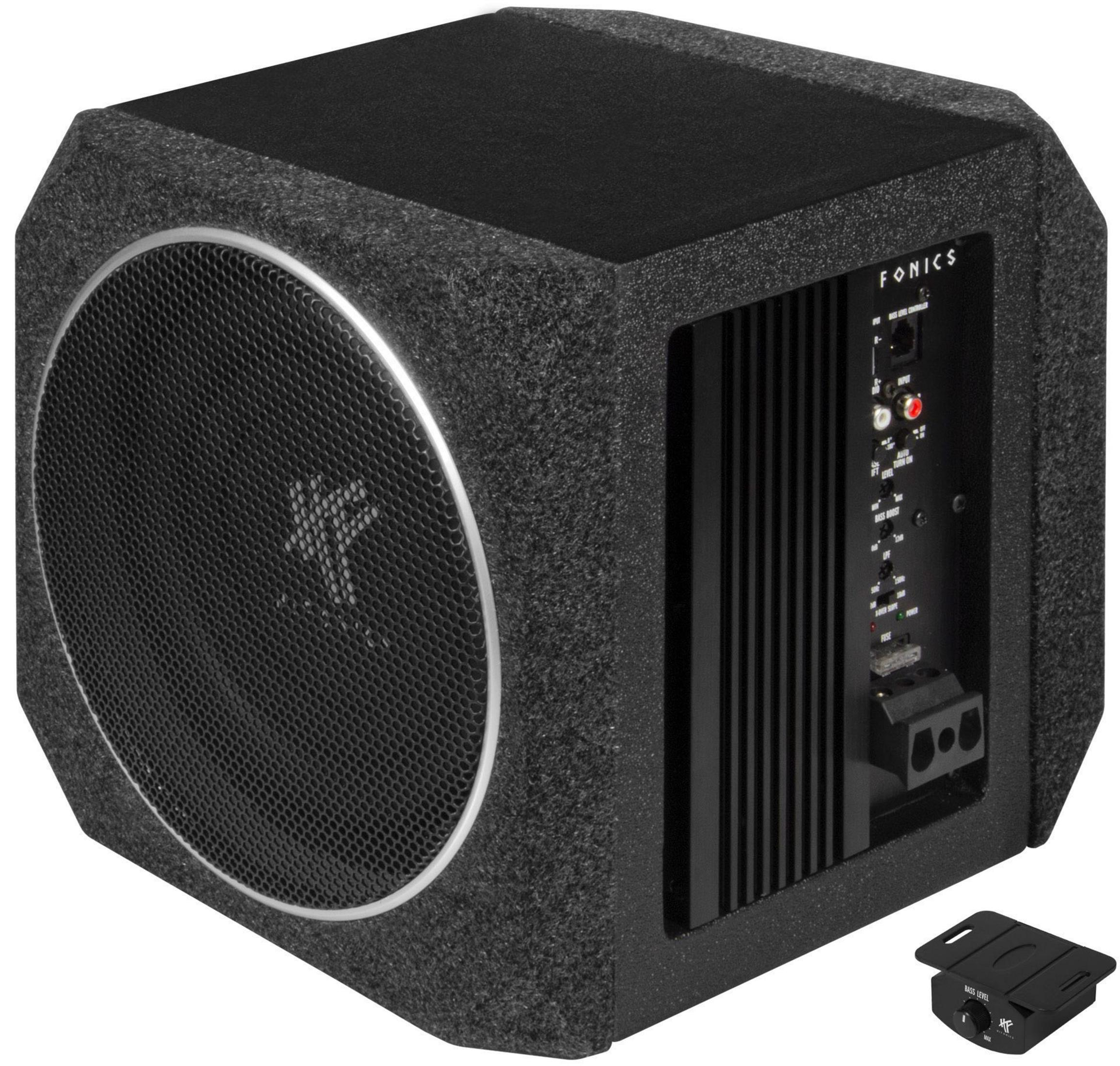 Schwarzer Subwoofer mit rundem Mesh-Gitter, schwarzen Bedienelementen und einem abgetrennten schwarzen Teil.