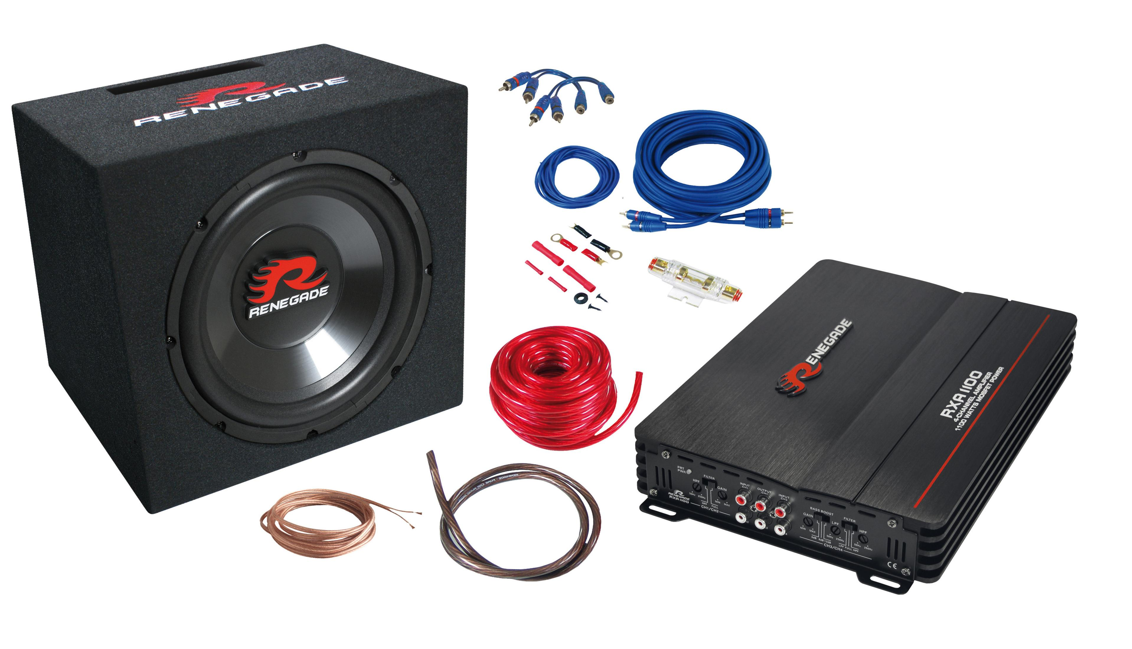 Ein Subwoofer, ein Verstärker und Kabel. Der Subwoofer ist schwarz und der Verstärker rot.