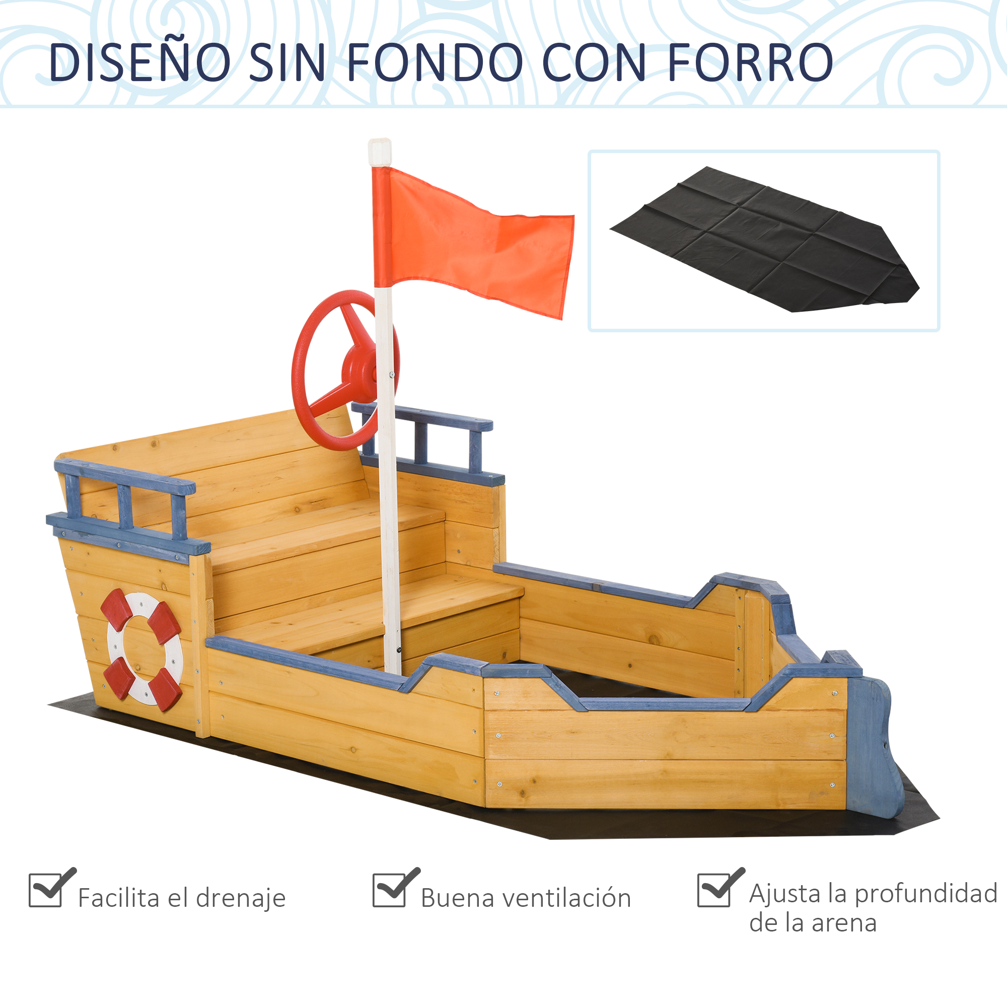 Un arenero de madera con forma de barco con una bandera naranja y una cubierta negra.