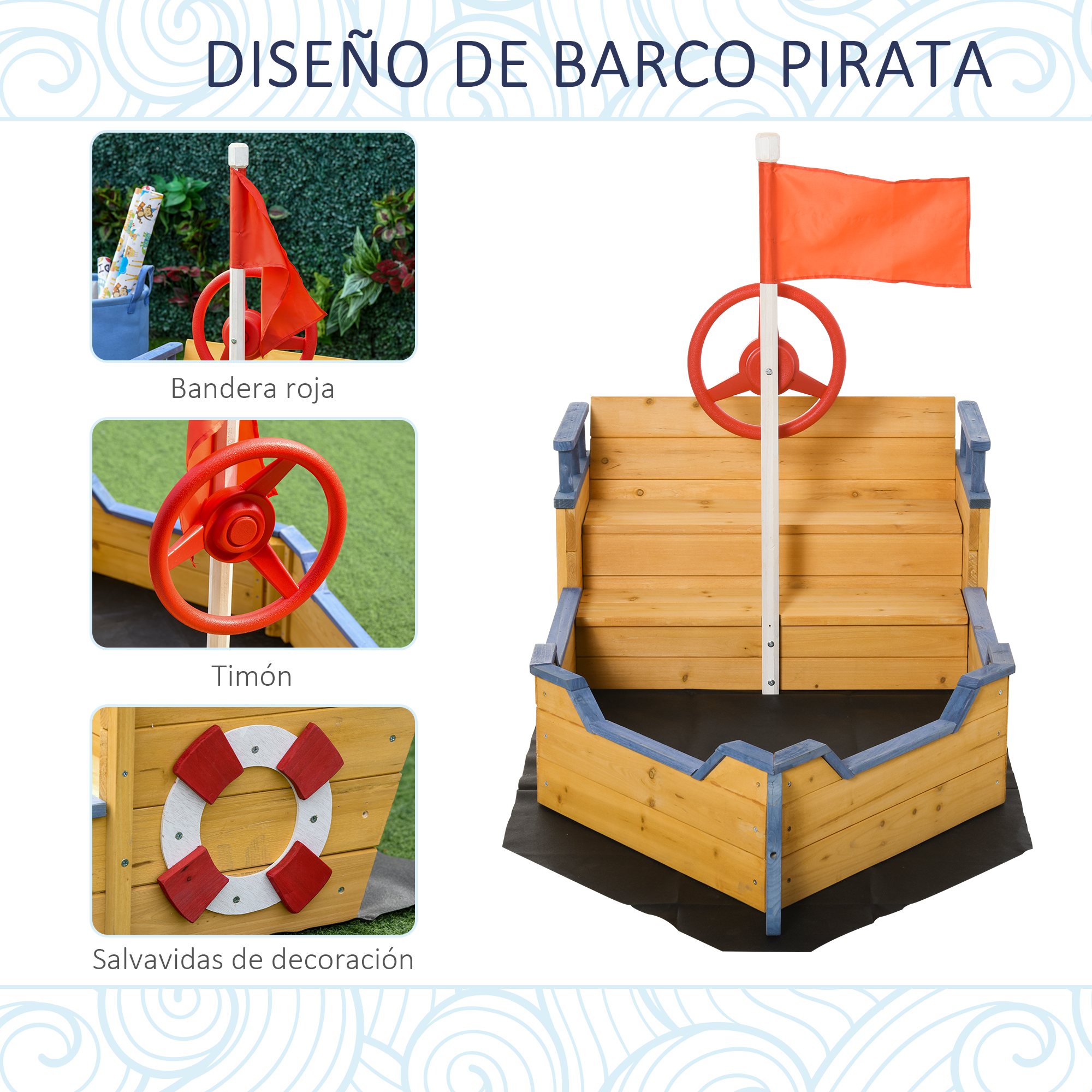 Un barco pirata de juguete de madera con bandera roja, timón y salvavidas.