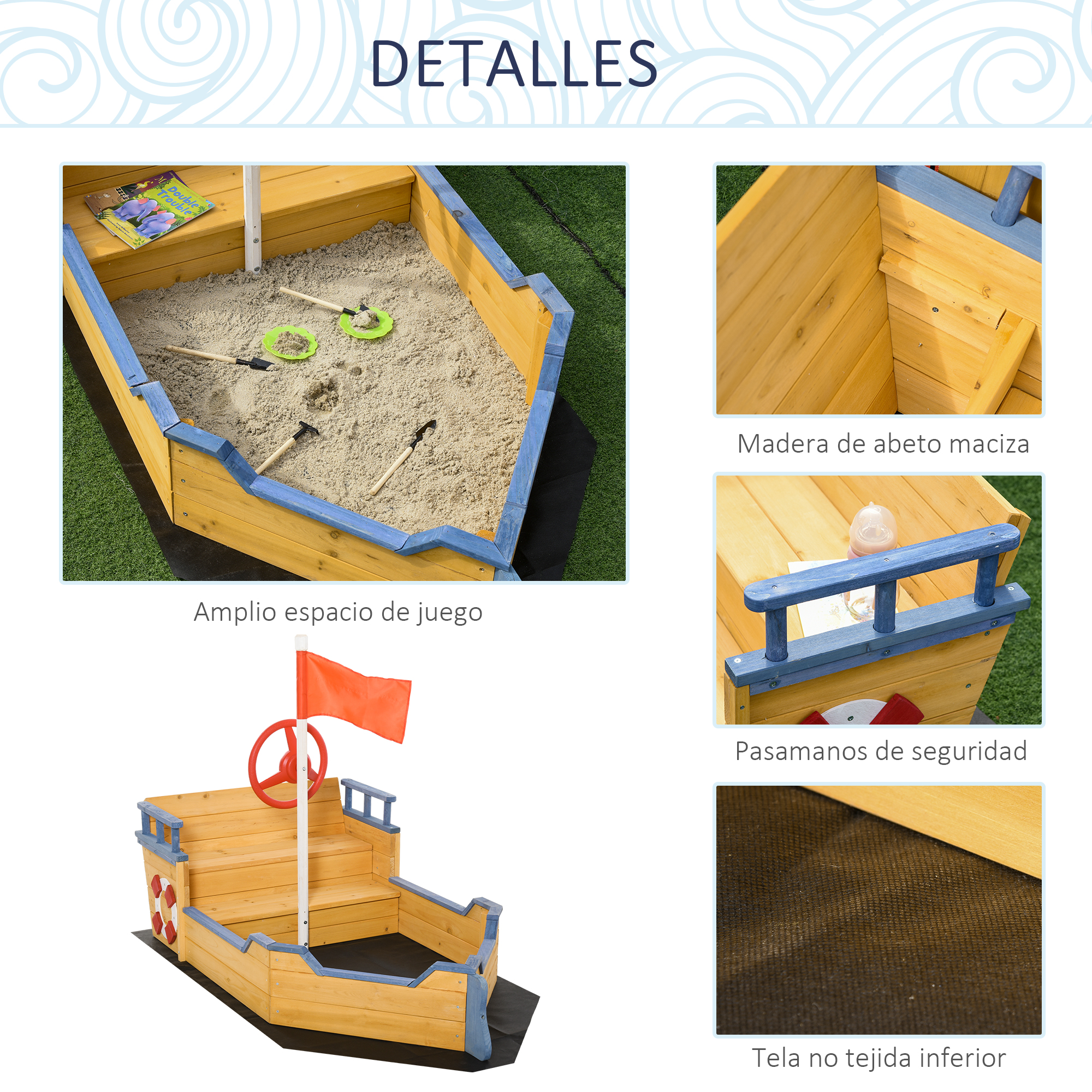 Vista detallada de un barco arenero con área de juego, detalles de madera y elementos de seguridad.