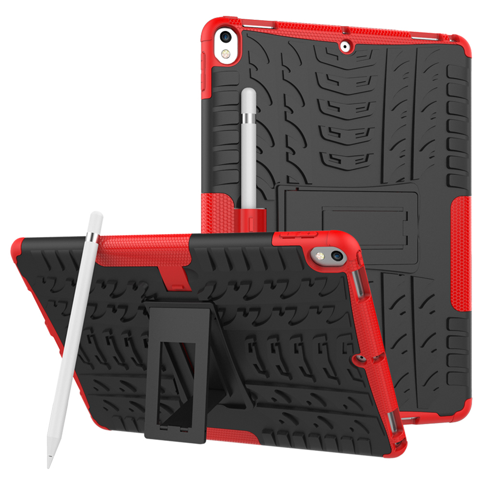 Zwei schwarze und rote iPad-Hüllen mit Ständern und einem weißen Stift.