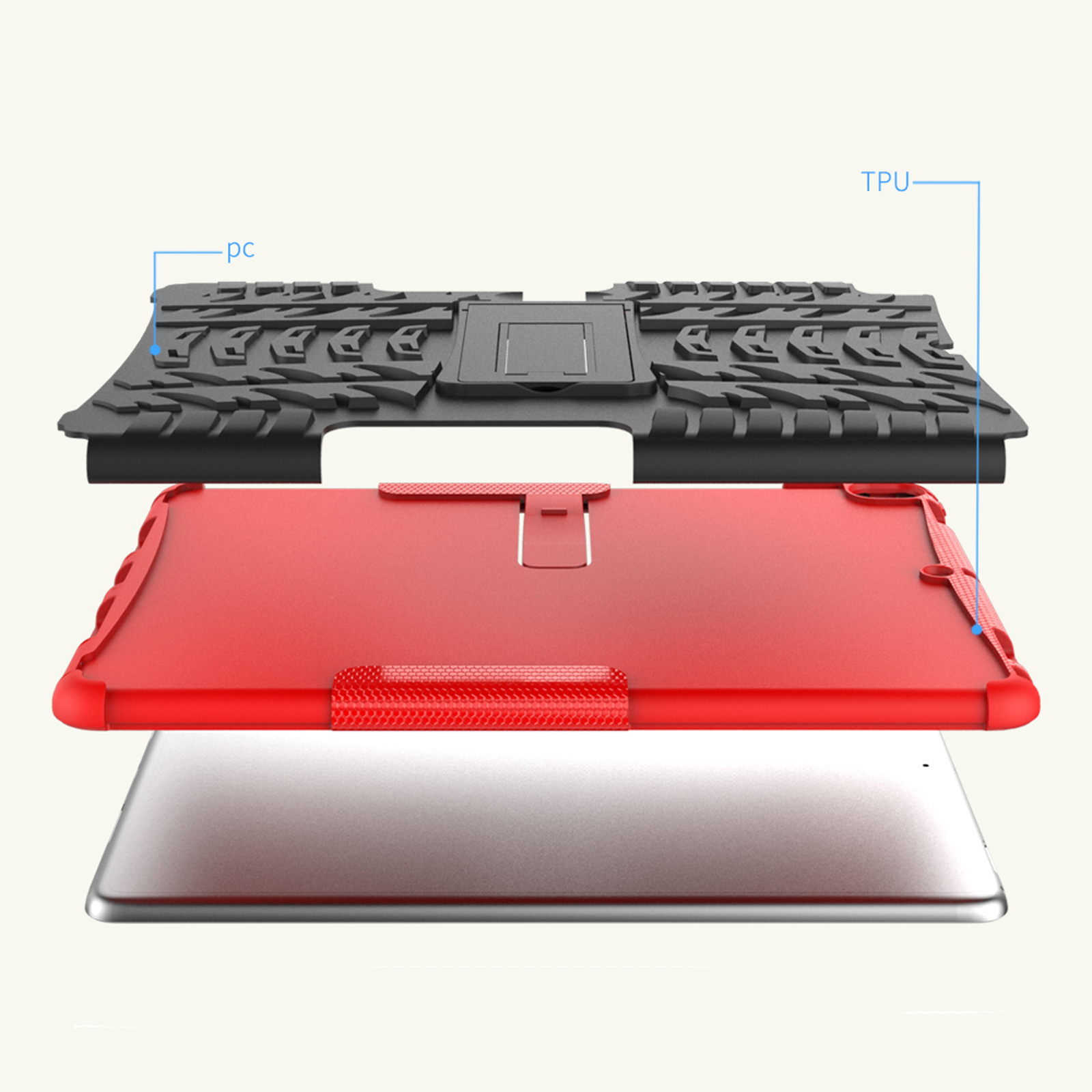 Ein geschichtetes Diagramm einer Tablethülle, das ein Tablet und die verschiedenen Schichten zeigt.