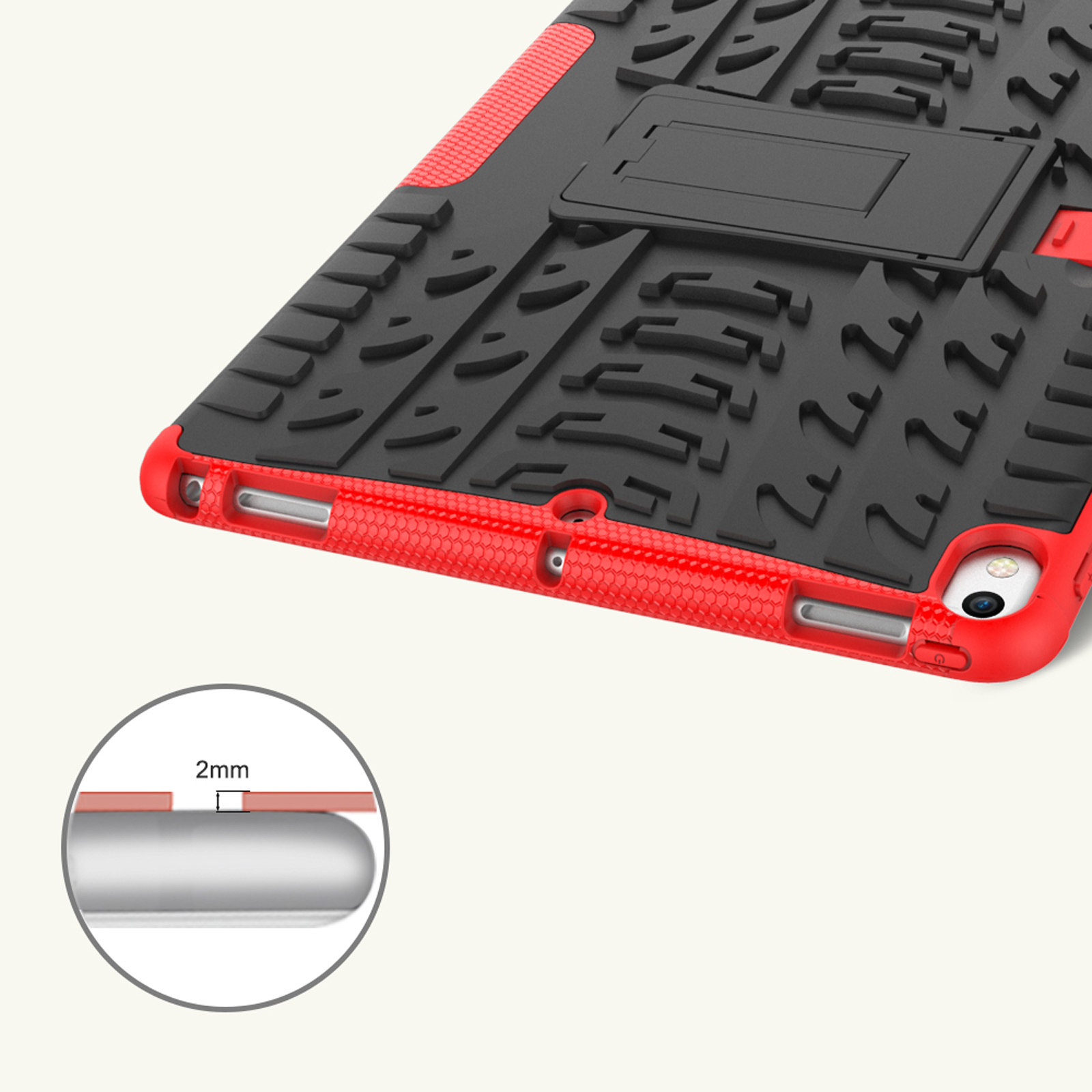 Rote und schwarze Tablet-Hülle. Mit Ständer und strukturiertem Design.