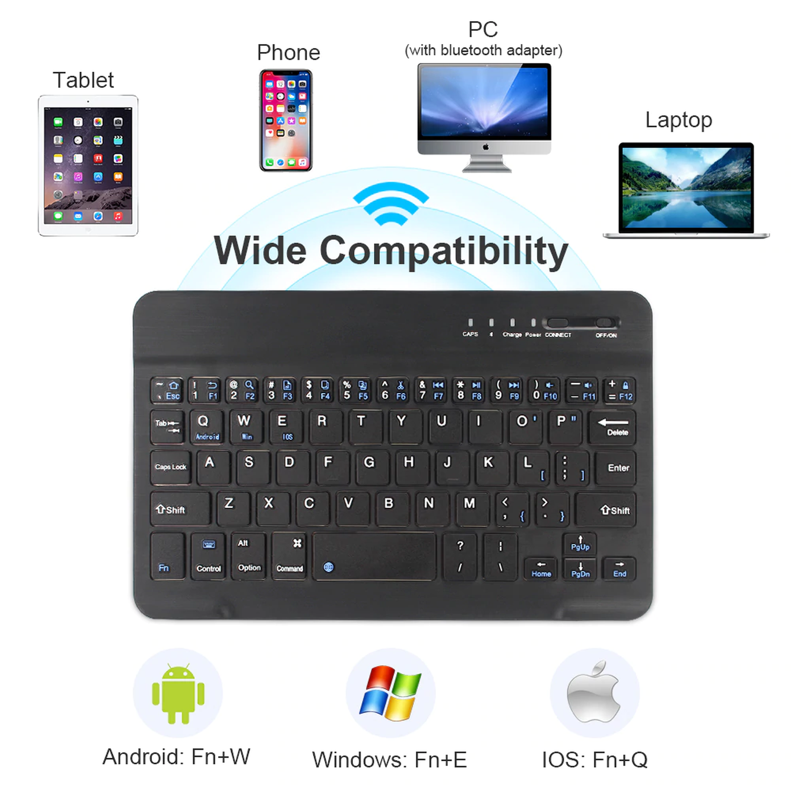 Kabellose Tastatur mit verschiedenen Geräten: Tablet, Telefon, PC und Laptop. Kompatibilitätssymbole.