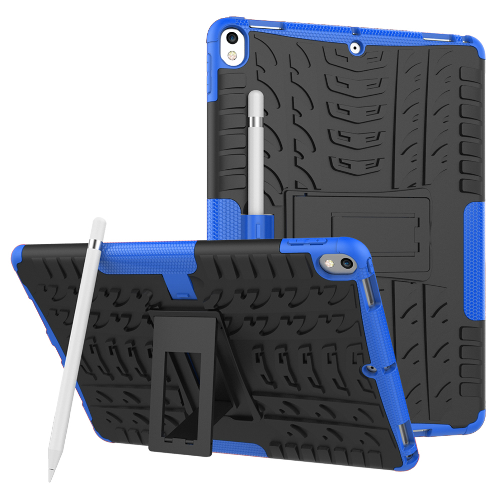 Zwei blaue und schwarze Tablet-Hüllen mit Stiften auf weißem Hintergrund.
