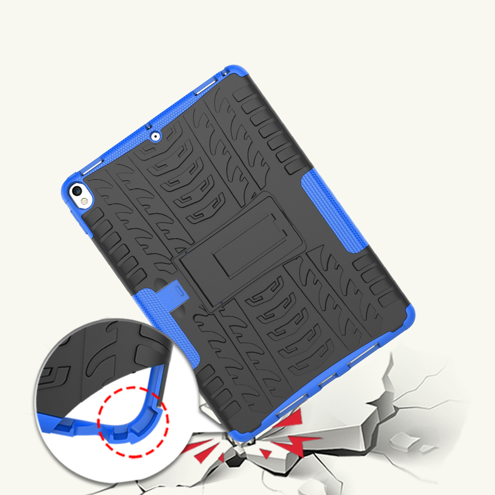 Tablet-Hülle, schwarz und blau, mit Ständer. Enthält Detailansicht von Ecke und Aufprallzone.