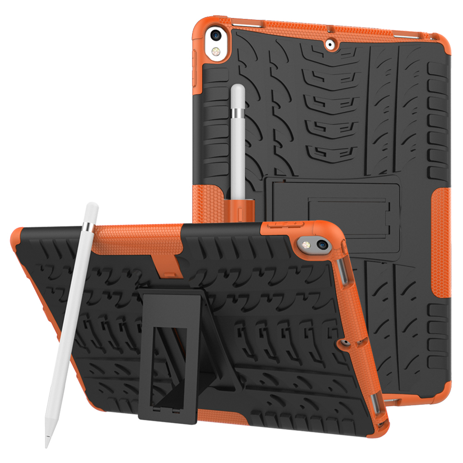 Zwei schwarze und orangefarbene iPad-Hüllen. Eine ist geöffnet, mit Tablet und Stift. Ein Ständer stützt es.
