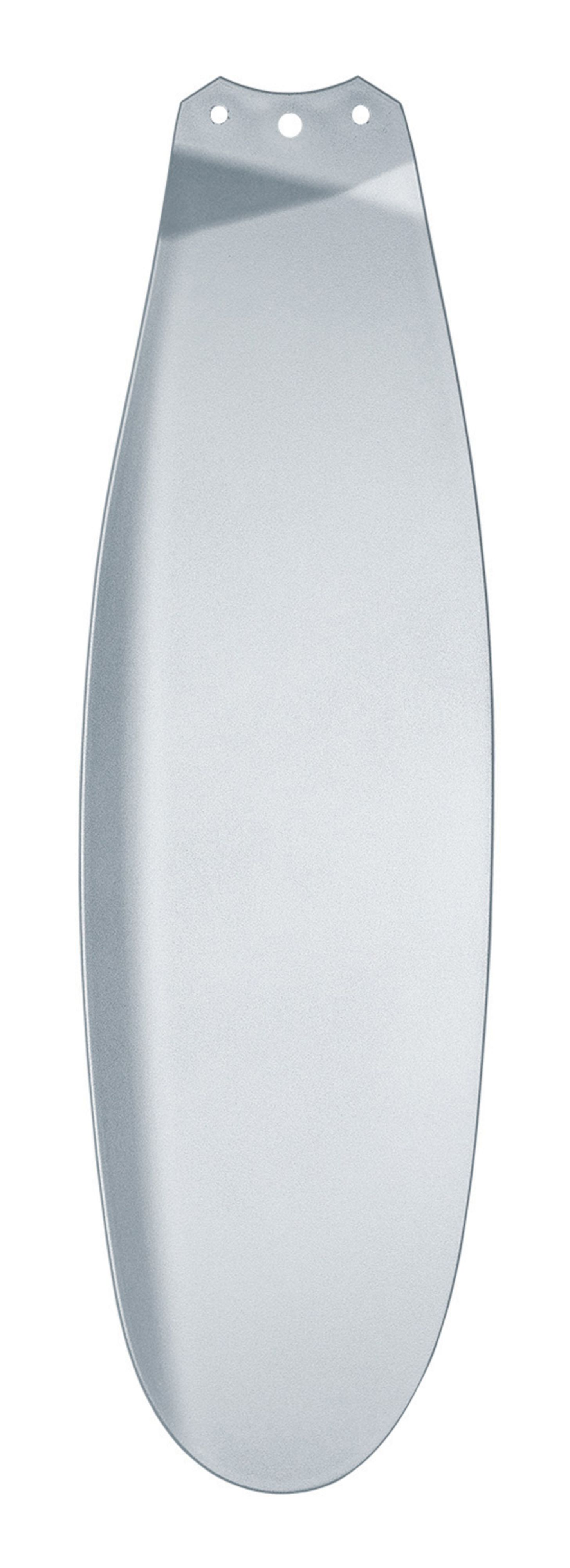 Pala del ventilatore da soffitto argentata. Forma ovale. Sfondo bianco.