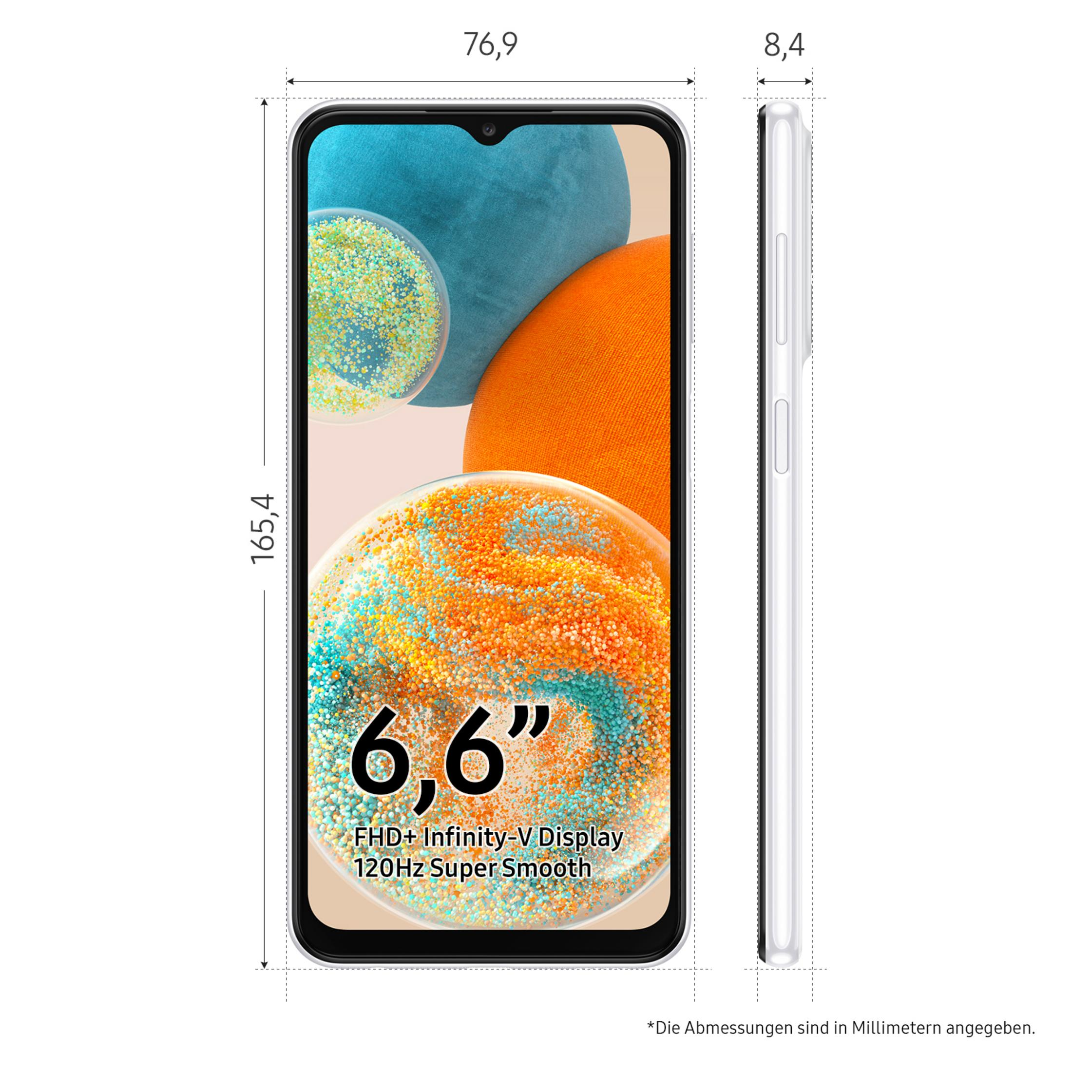 Smartphone Vorder- und Seitenansicht mit Abmessungen. Bunter abstrakter Hintergrund auf dem Bildschirm.