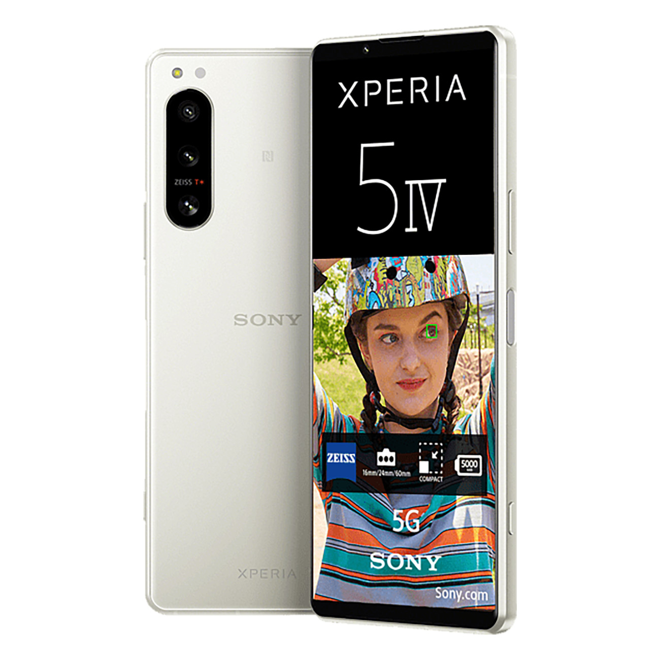 Biały telefon Sony, kobieta w kapeluszu. Z tyłu potrójny aparat.