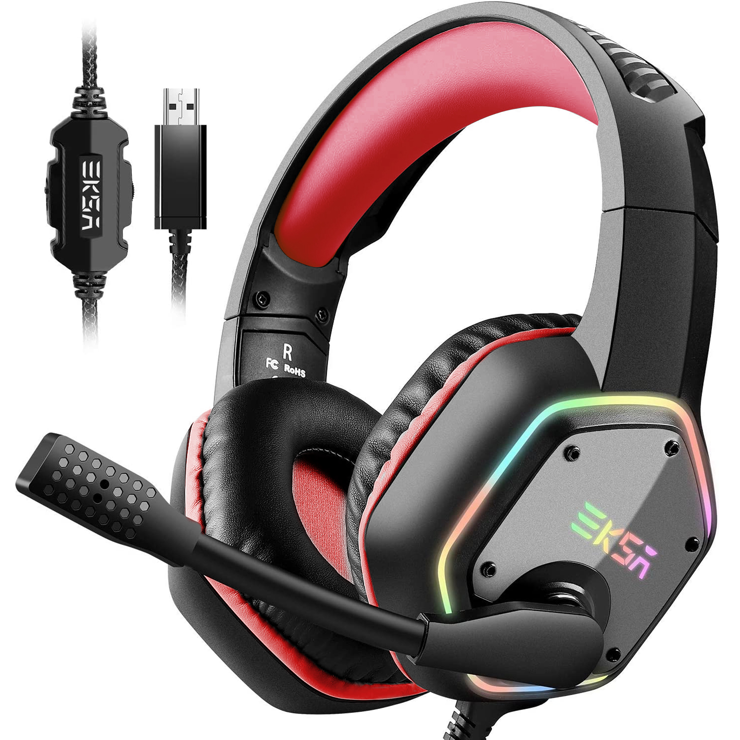 EKSA-TRADE E1000, Over-ear USB Gaming Headset Mikrofon mit Red