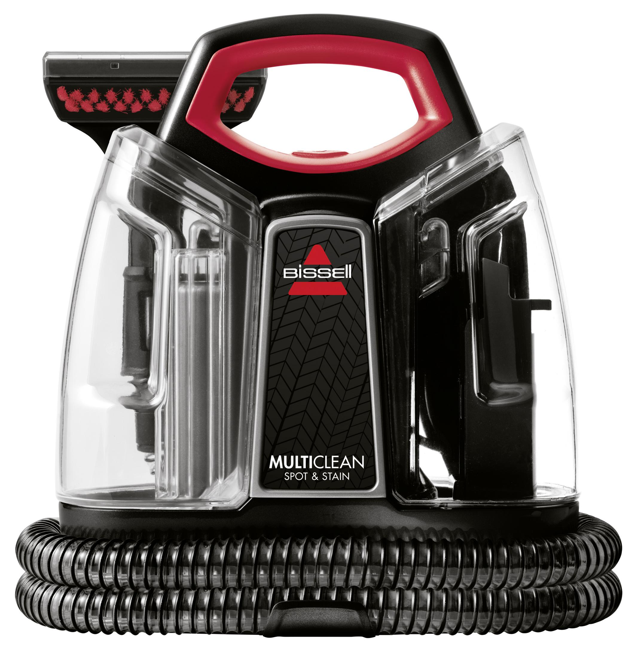 Pulitore per macchie Bissell Multiclean nero e rosso. Serbatoi d'acqua trasparenti e tubo nero.