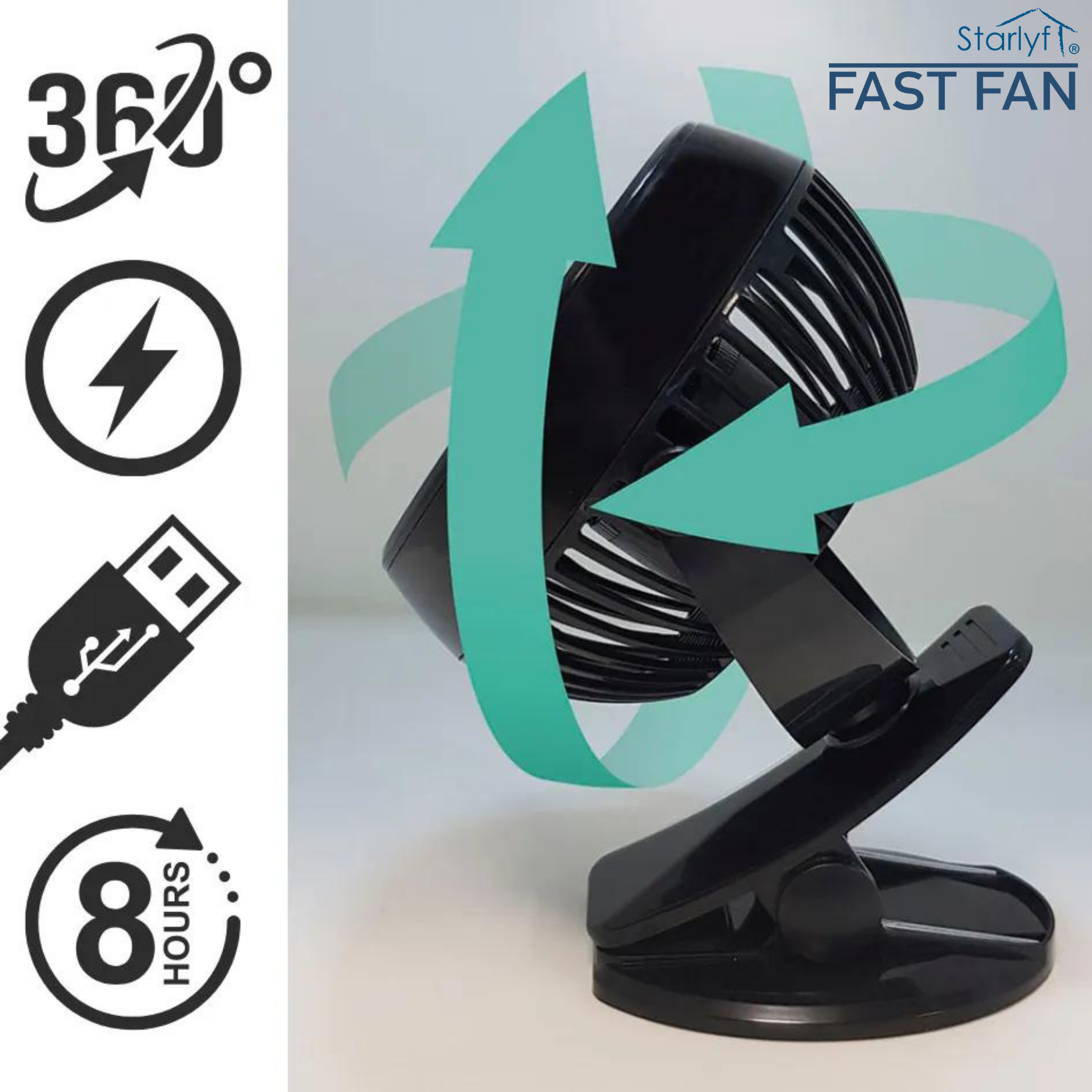 Schwarzer Ventilator mit Clip-Basis und USB-Anschluss, sowie Icons für Funktionen.