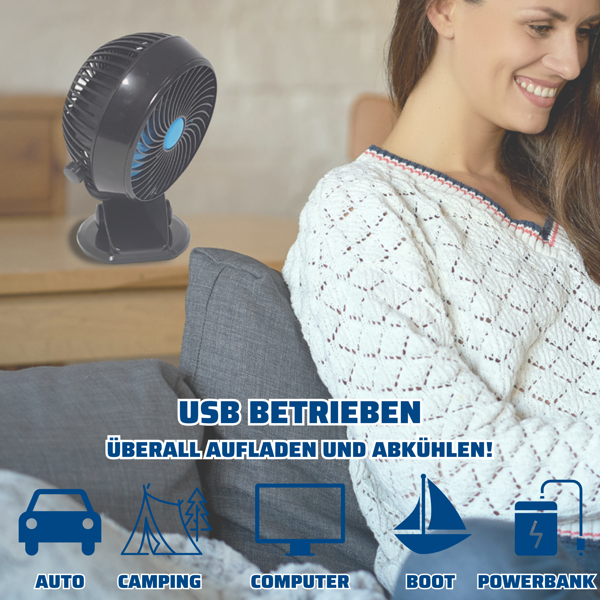 Schwarzer tragbarer Ventilator, im Hintergrund lächelt eine Frau. Symbole.