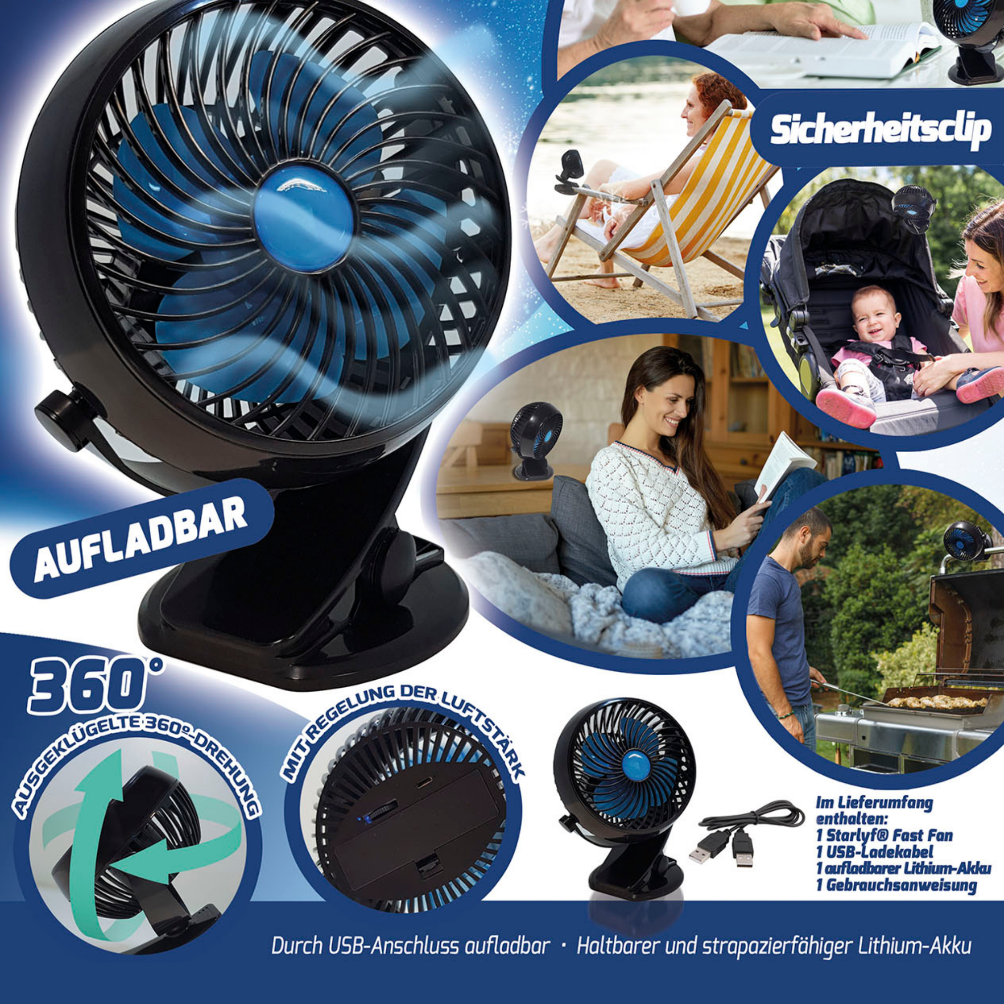 STARLYF Fast Fan Tischventilator Volt) schwarz (5