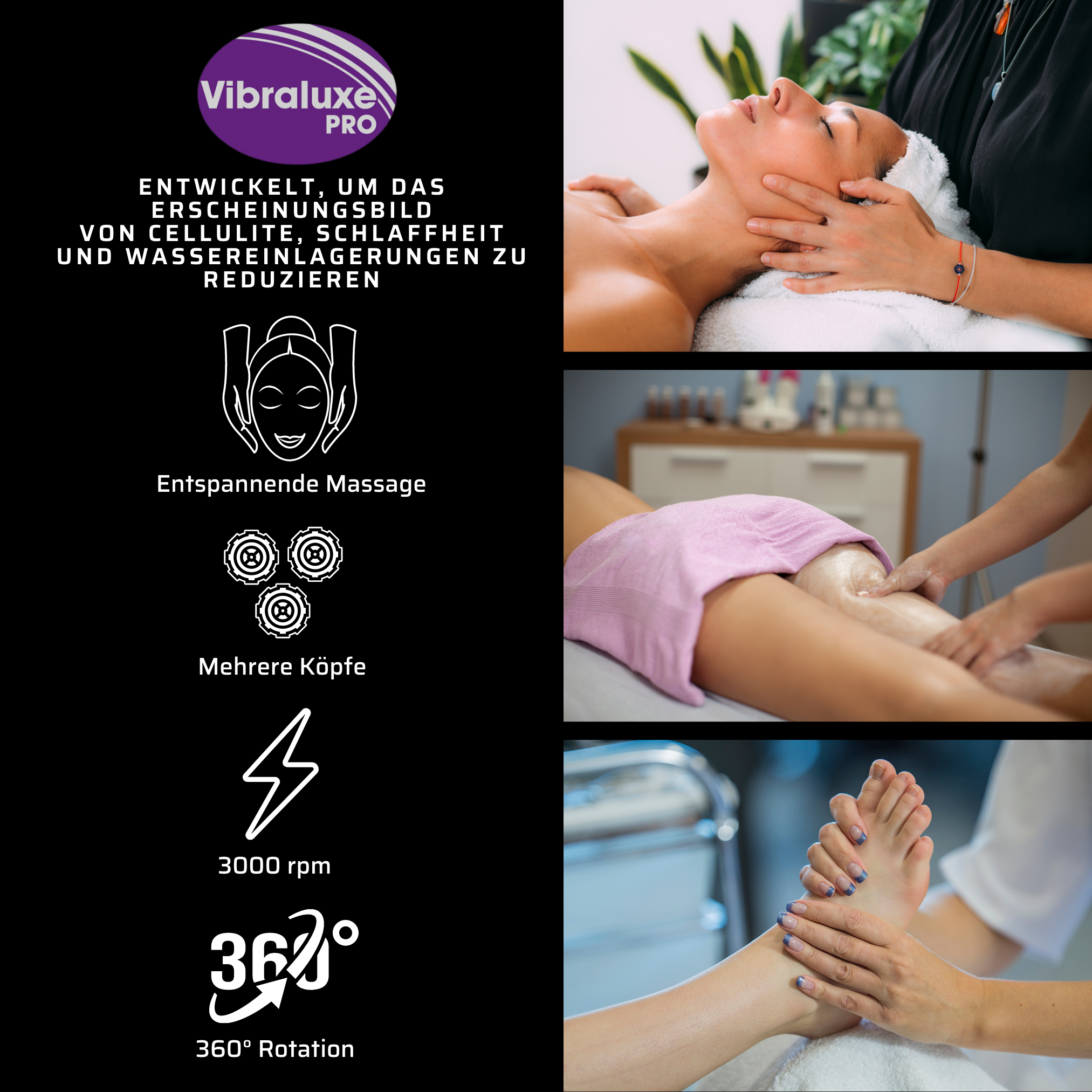 Collage von Spa-Behandlungen, einschließlich Gesichts-, Bein- und Fußmassagen, mit Text.