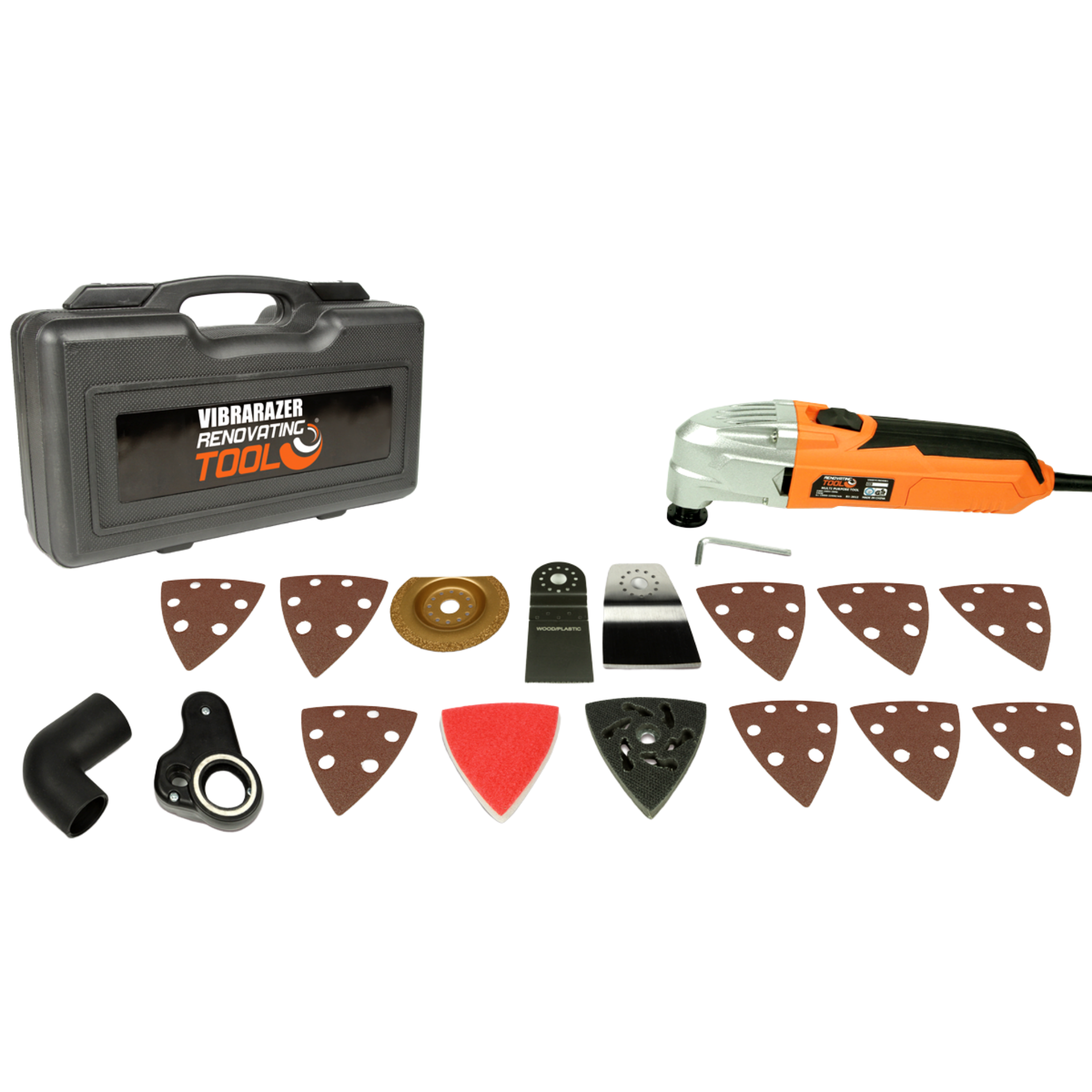 Werkzeugkoffer mit Multitool und verschiedenen Sägeblättern und Zubehör.