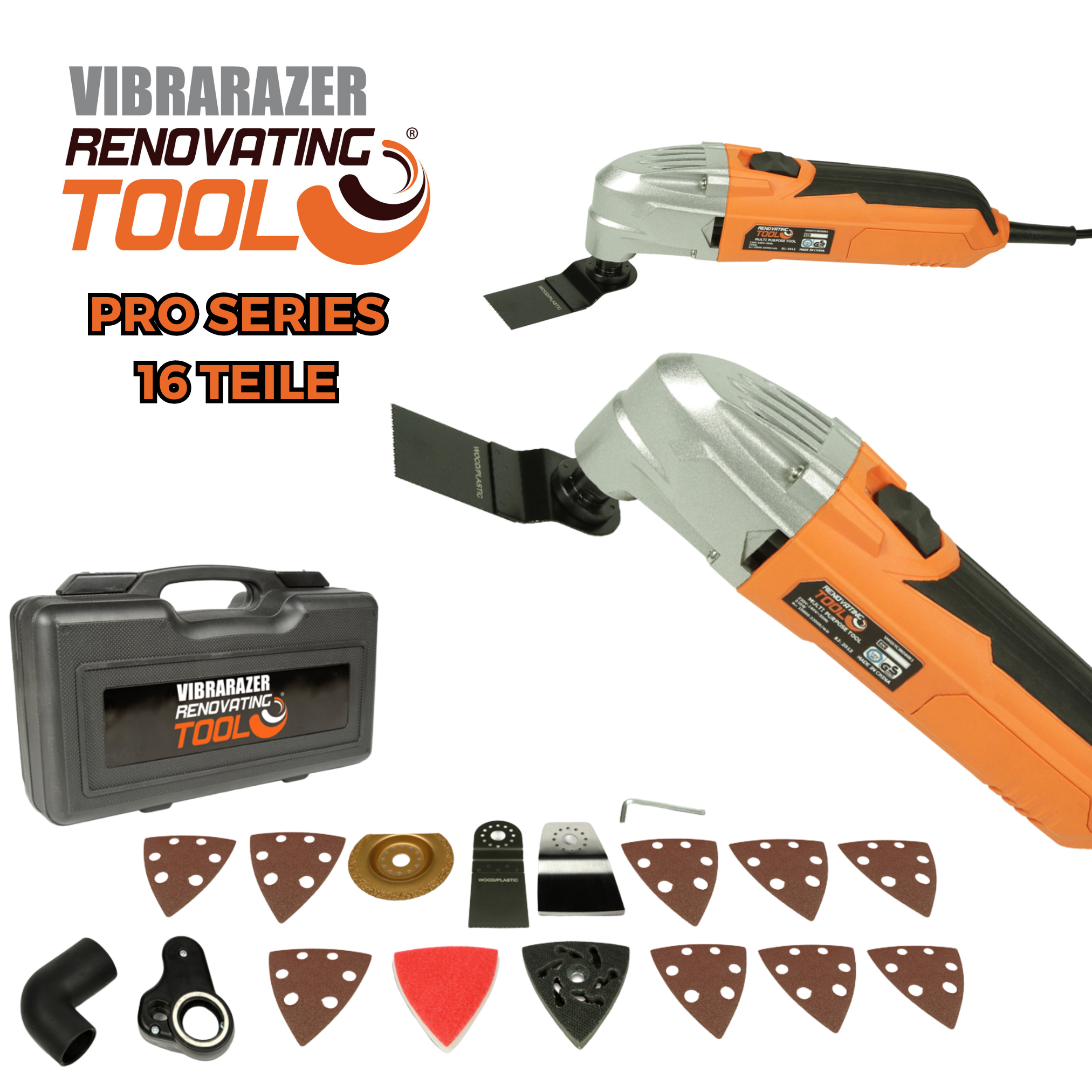 Werkzeuge und Koffer, orange und schwarz, mit dem Text 'VIBRARAZER RENOVATING TOOL PRO SERIES'.