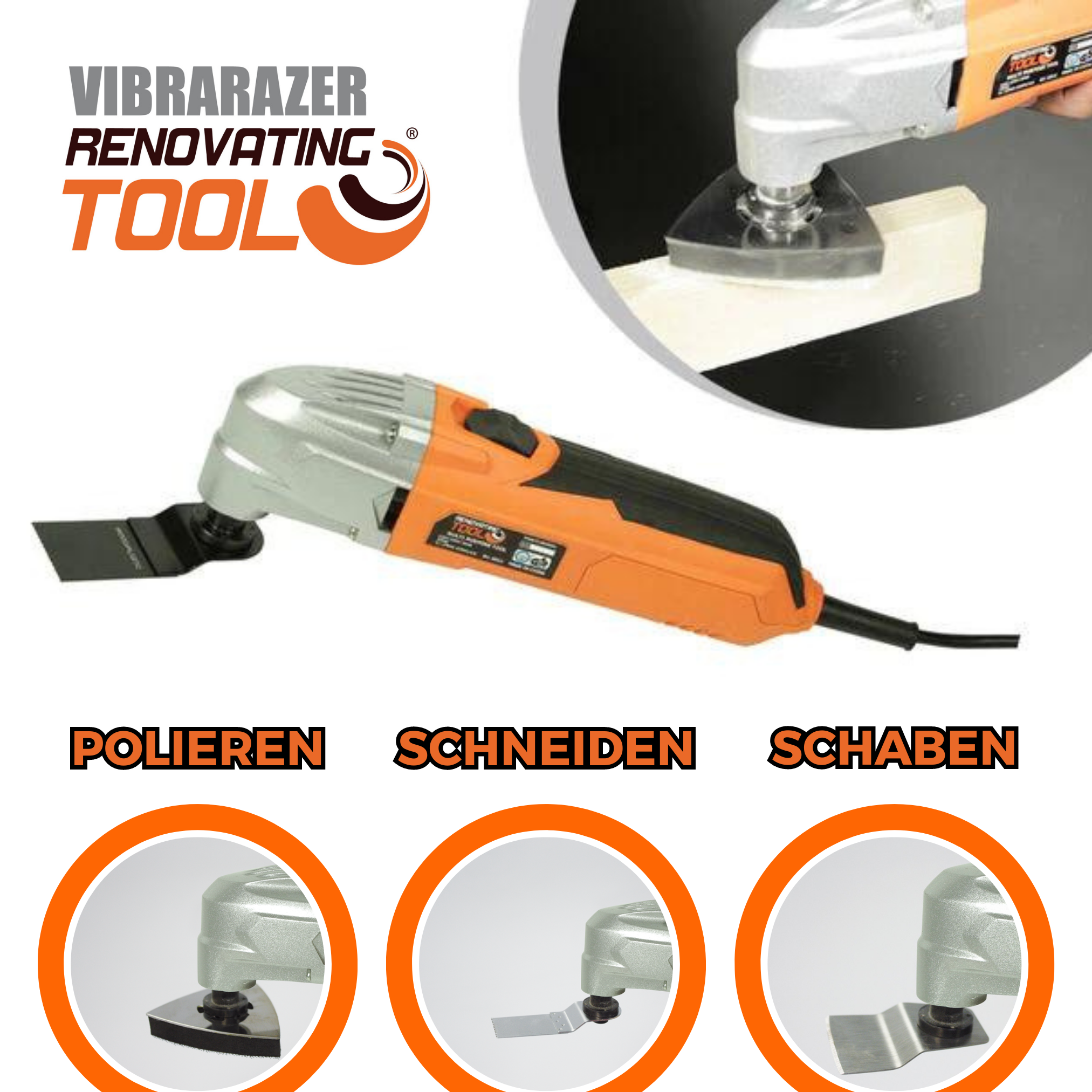 Oszillierendes Werkzeug in Orange und Silber mit Text und Beispielen.