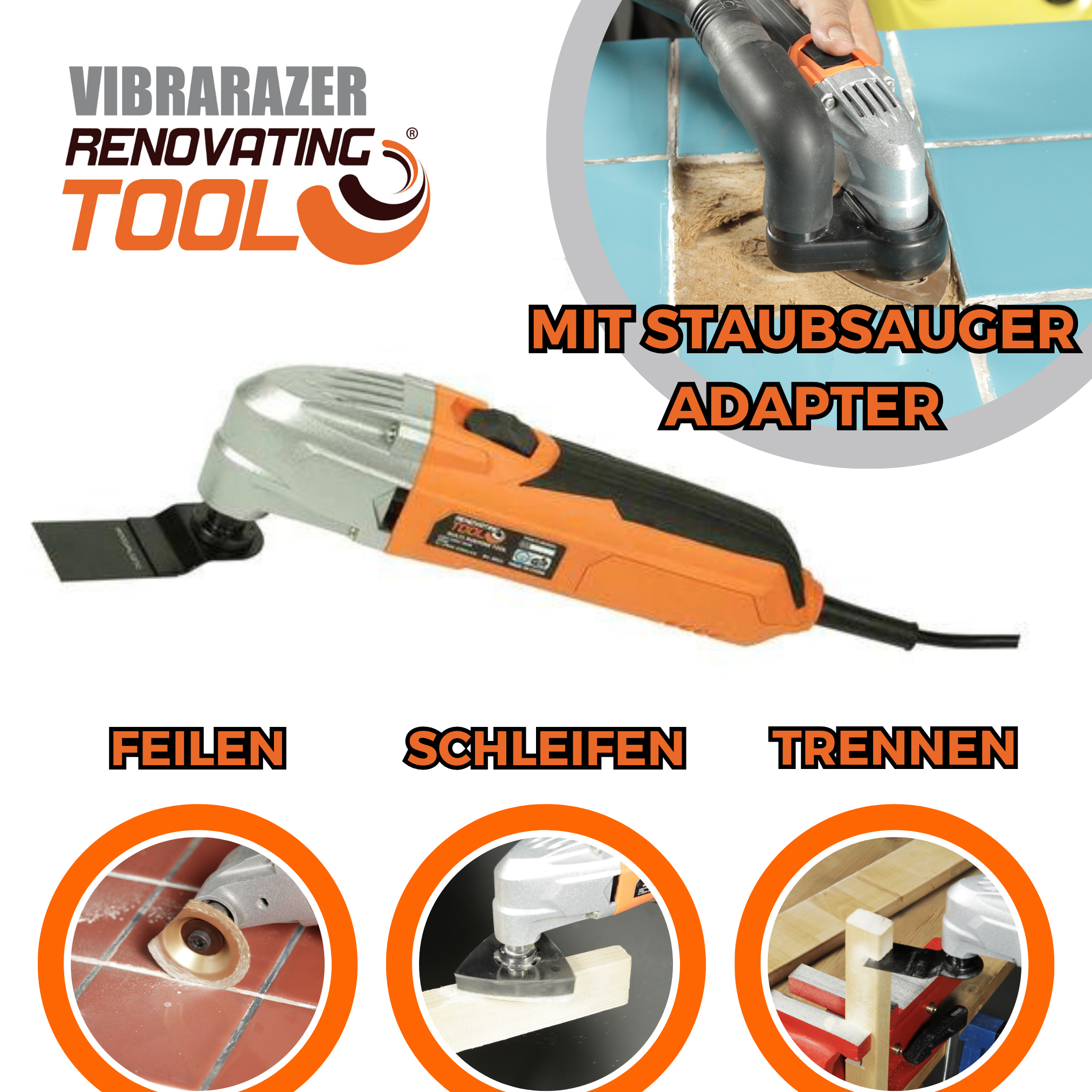 Ein Multitool wird für Renovierungen verwendet, mit zugehörigen Symbolen.
