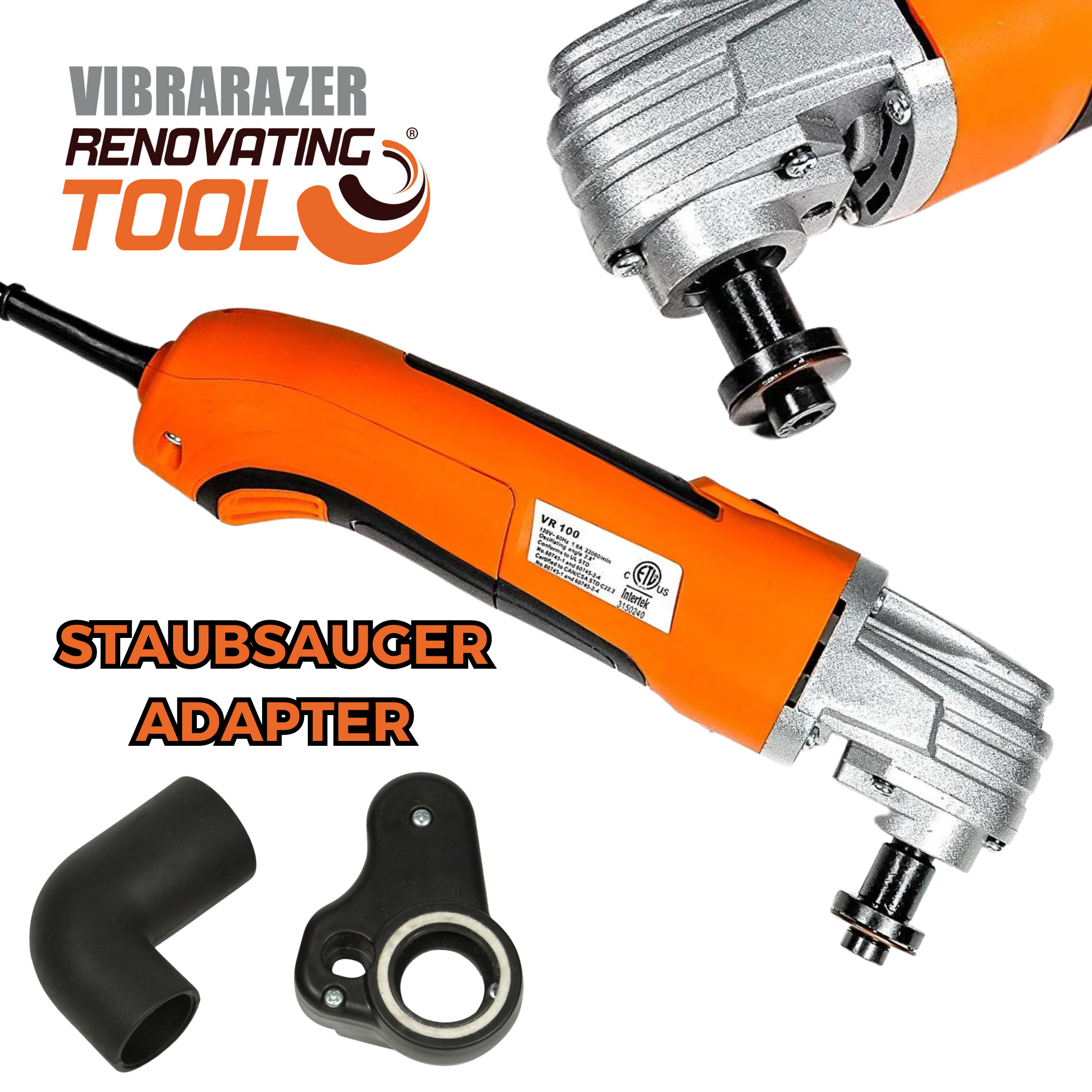 Ein orangefarbenes Renovierungswerkzeug mit Teilen und Text. Ein schwarzer Adapter ist ebenfalls zu sehen.