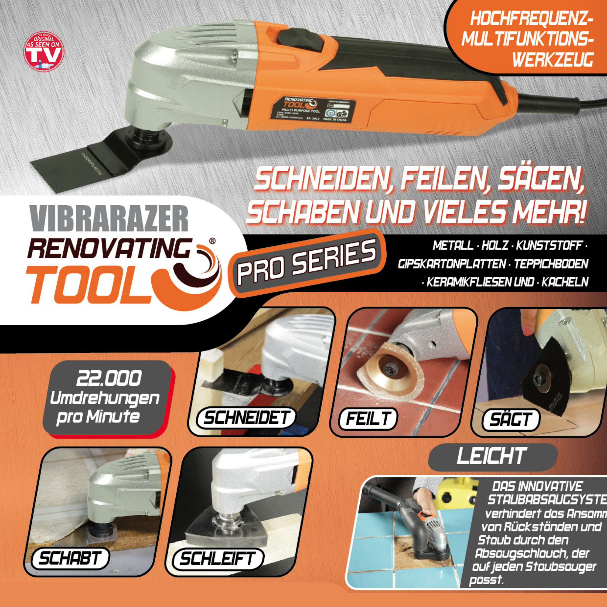 Oranges Multi-Tool mit Schneiden, Feilen, Sägen und Schleifen.