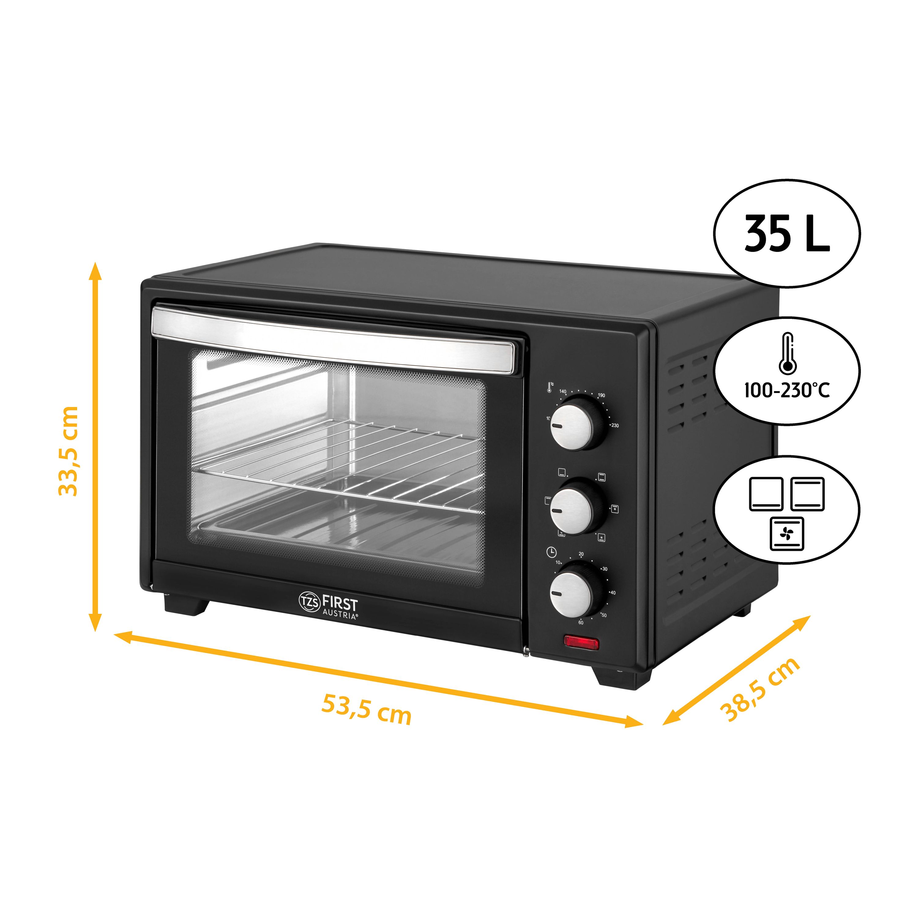 Schwarzer Tischbackofen mit Abmessungen und Temperaturanzeigen. Weißer Hintergrund.