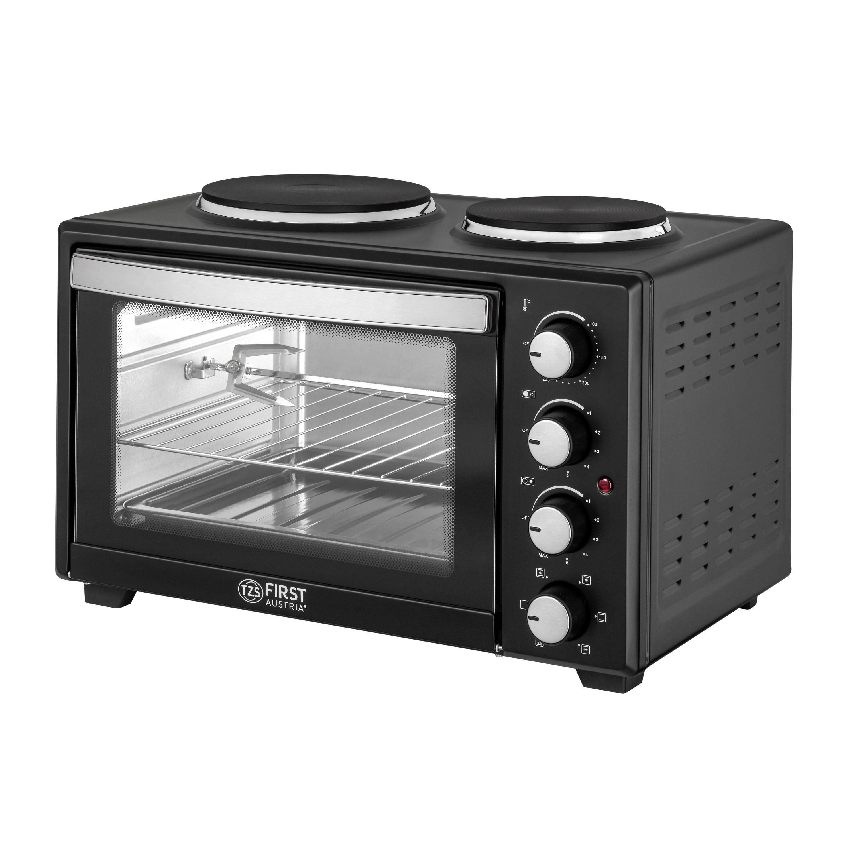 Ein schwarzer Elektrobackofen mit zwei Kochfeldern. Er hat eine Glastür und Drehknöpfe an der Seite.
