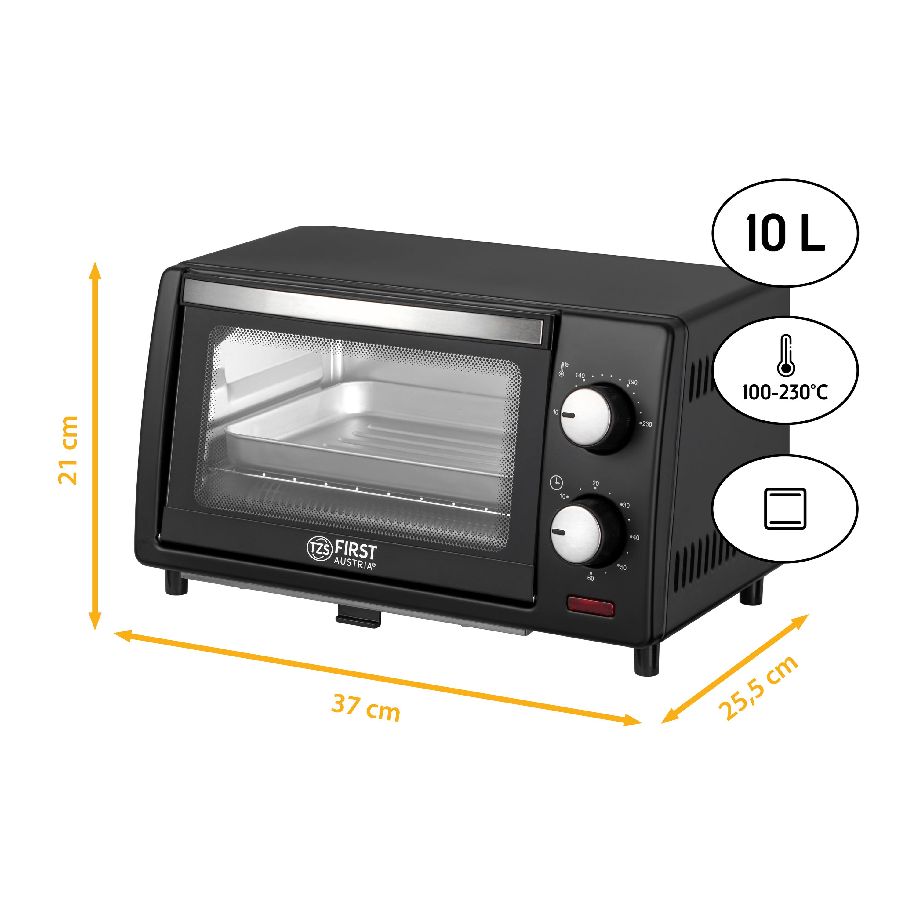 Mini forno nero con dimensioni etichettate, che mostra temperatura e capacità.