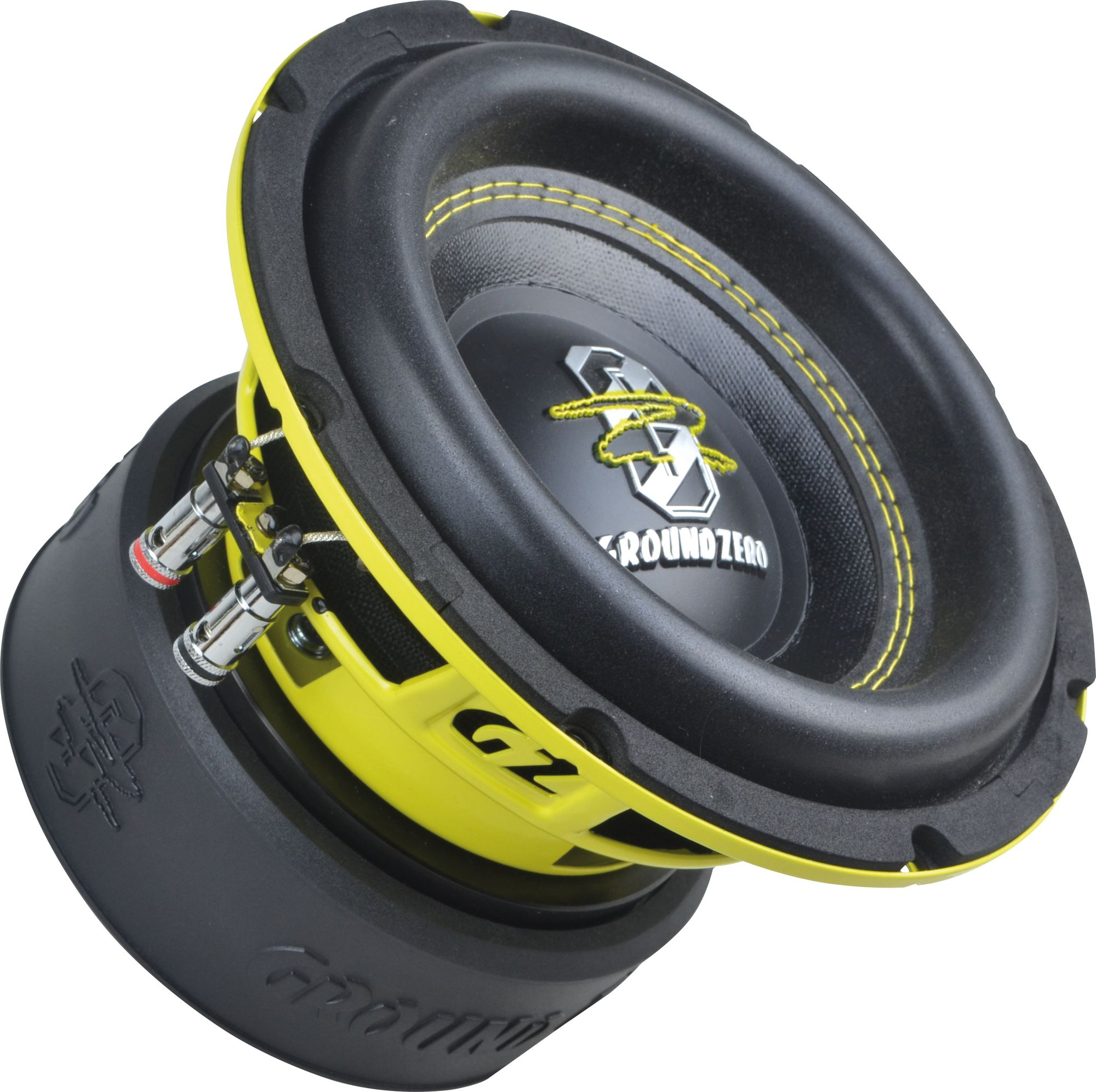Gelb-schwarzer Subwoofer mit 'GROUND ZERO' und 'GZ' Beschriftung.