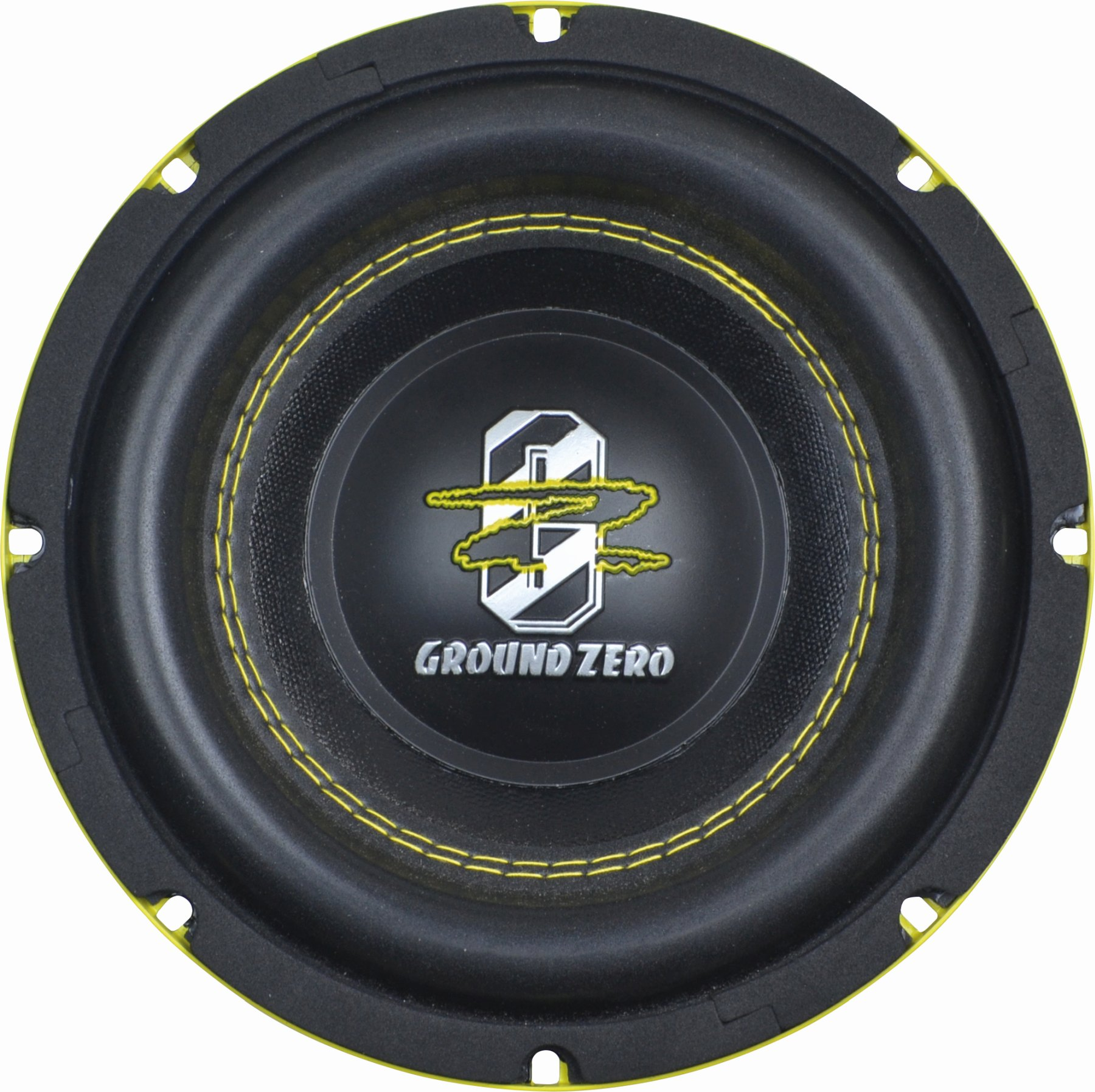 Ein Subwoofer-Lautsprecher mit schwarzem Konus, gelber Naht und gelbem Rand. Das Ground Zero Logo ist sichtbar.