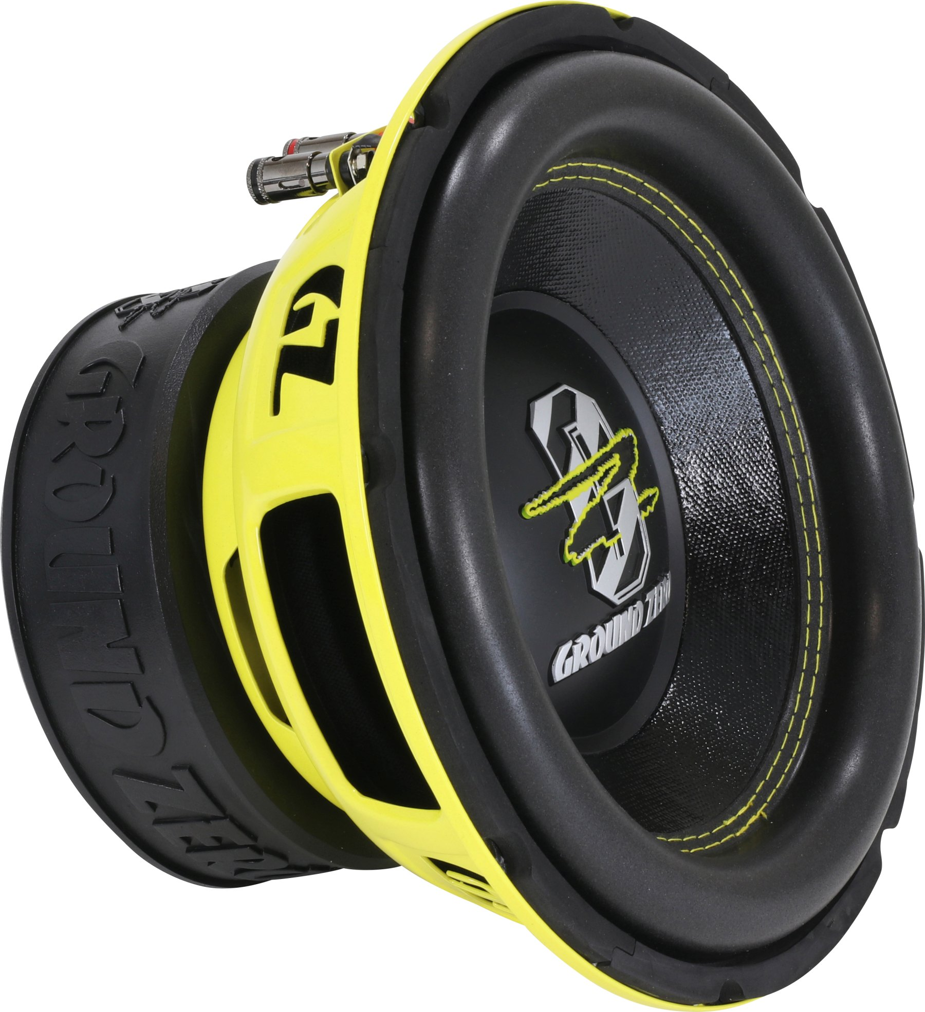Ein gelber Subwoofer mit schwarzer Membran und gelber Sicke, von der Seite betrachtet.