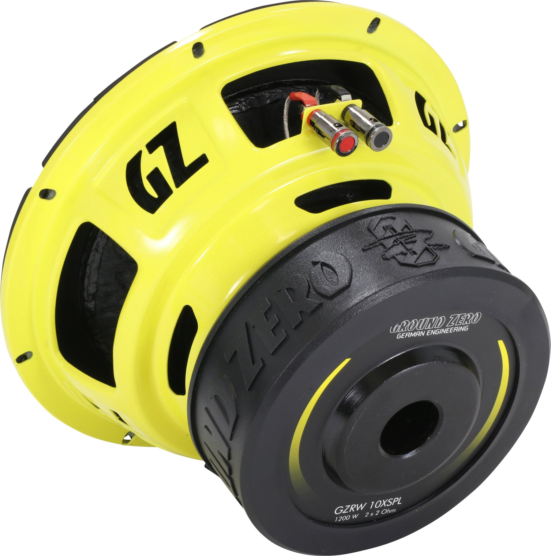 Gelber Subwoofer mit schwarzen Akzenten und dem Markennamen 'Ground Zero'. Rote Anschlüsse oben.