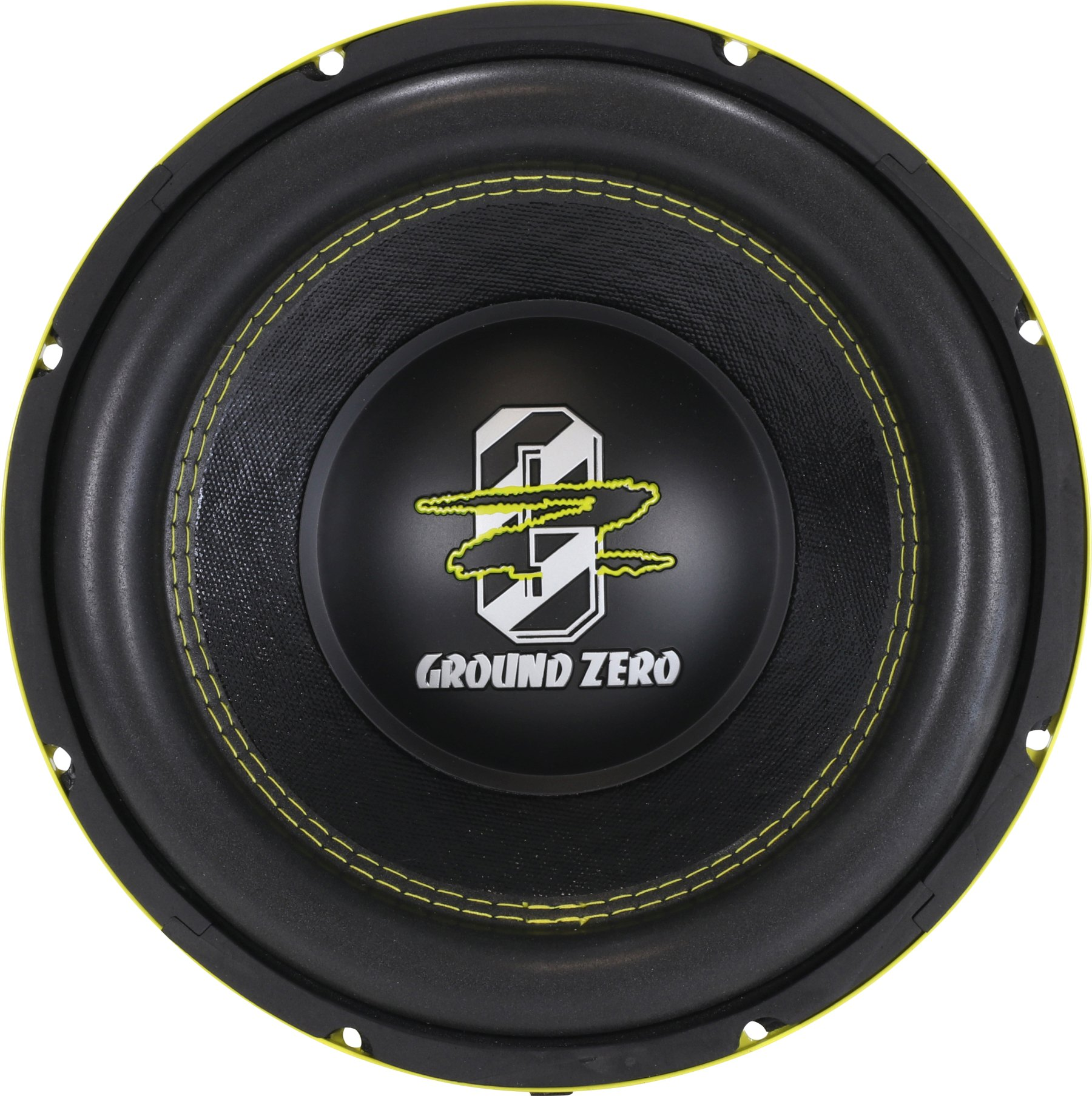 Schwarzer Subwoofer mit gelben Nähten und Ground Zero Logo. Gelber Rand. Schwarze Mitte. Weißer Hintergrund.