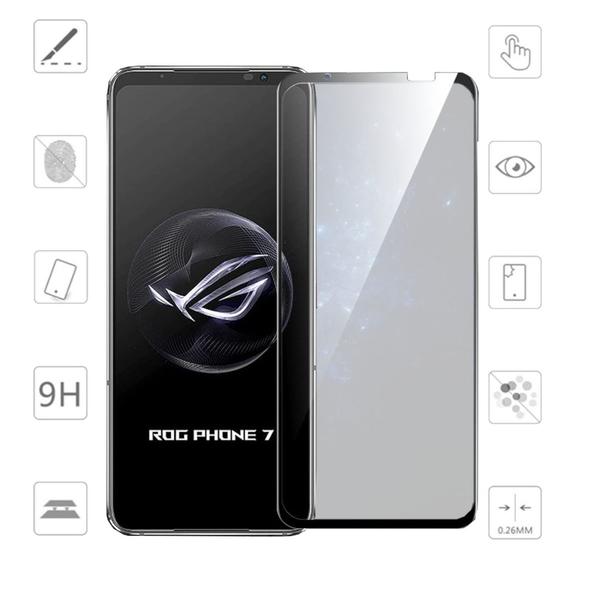 Handy-Displayschutz auf einem Handy. Symbole rechts. Handy mit ROG-Logo links.